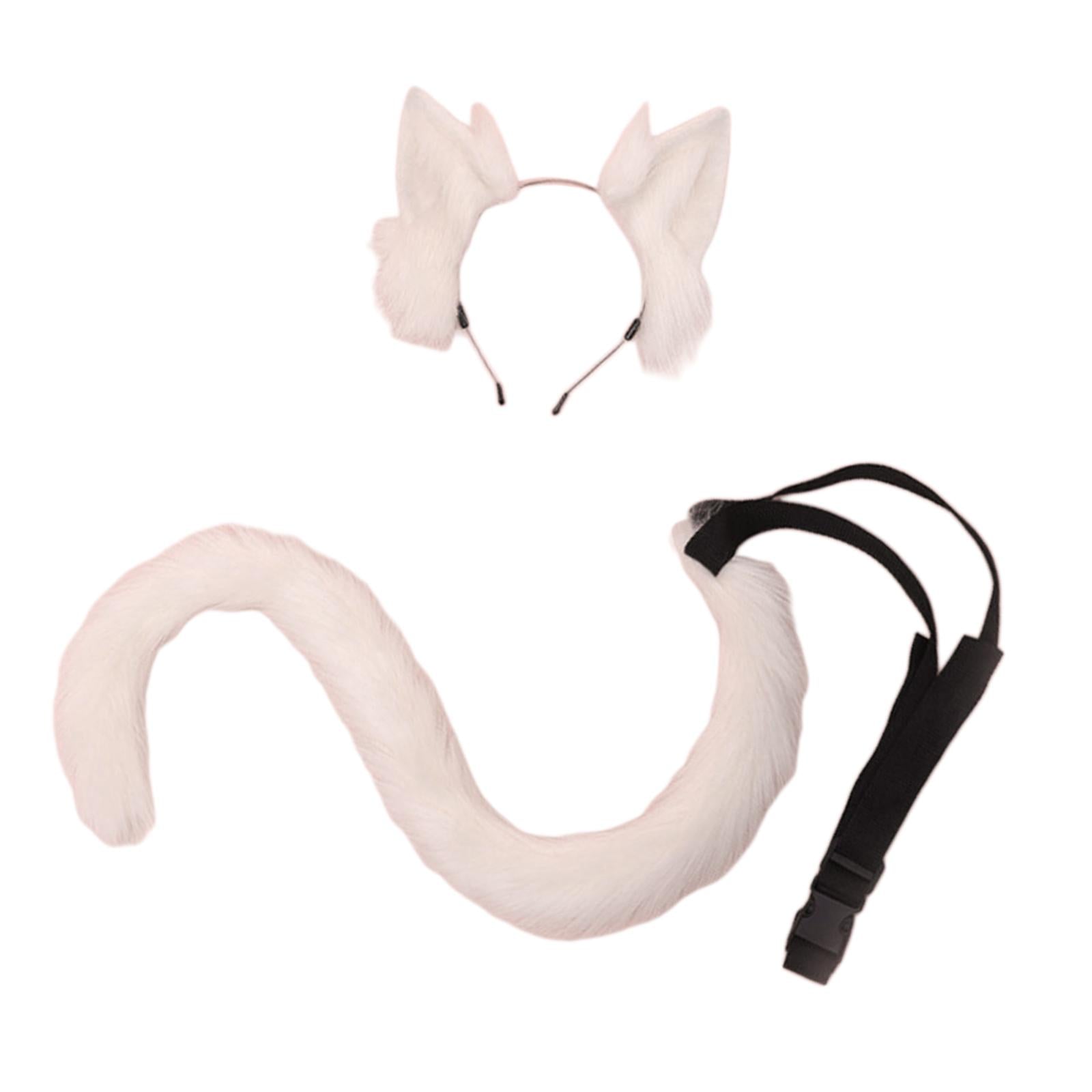 2Pcs Cat Ears and Tail Set Faux Fur Long Tail for Anime Cosplay Costume Kits Pink