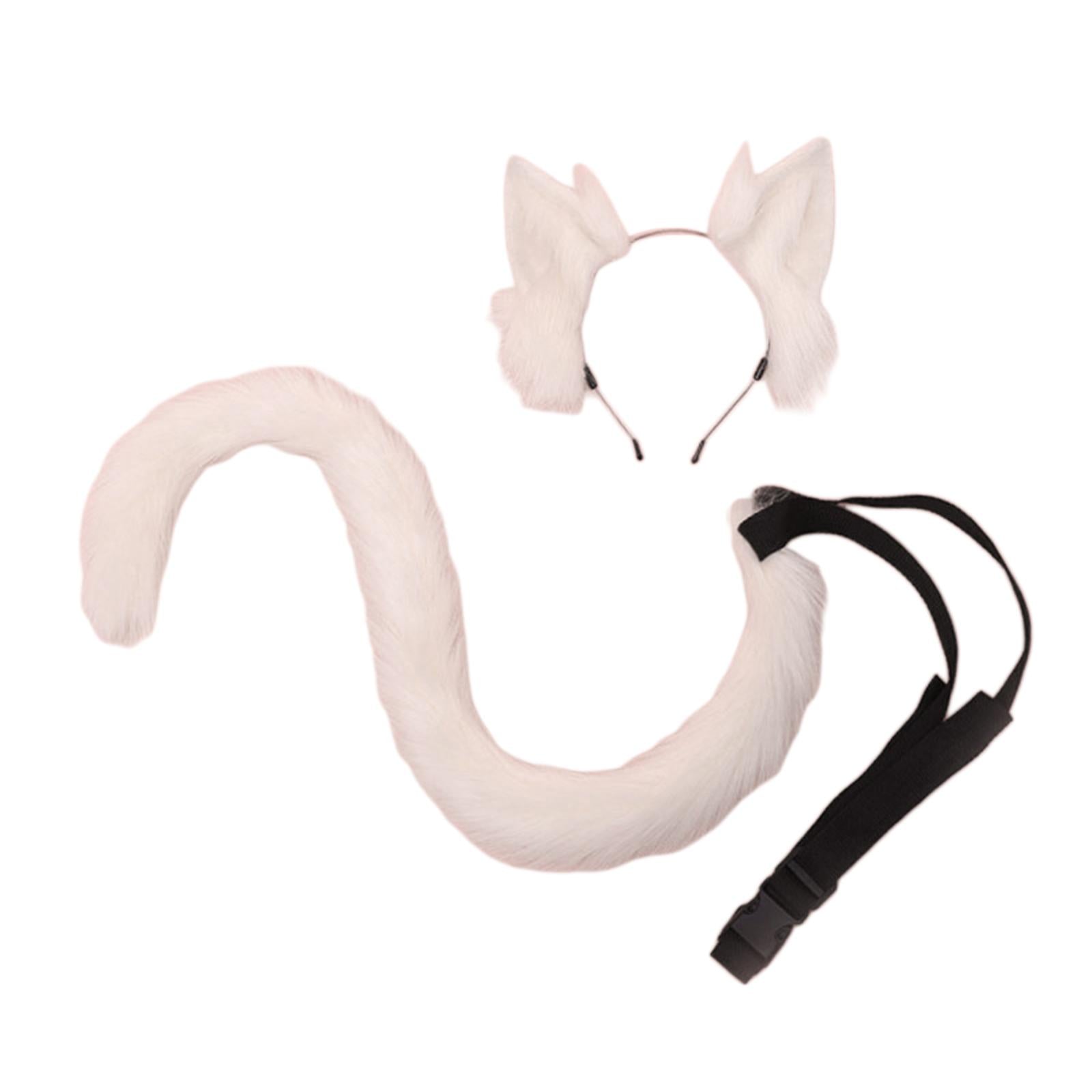 2Pcs Cat Ears and Tail Set Faux Fur Long Tail for Anime Cosplay Costume Kits Pink