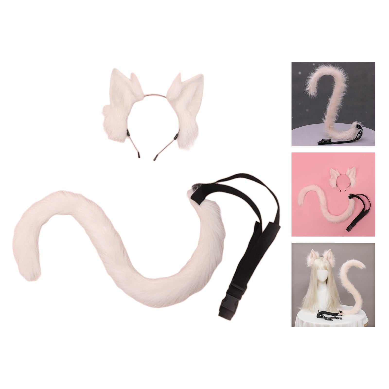 2Pcs Cat Ears and Tail Set Faux Fur Long Tail for Anime Cosplay Costume Kits Pink