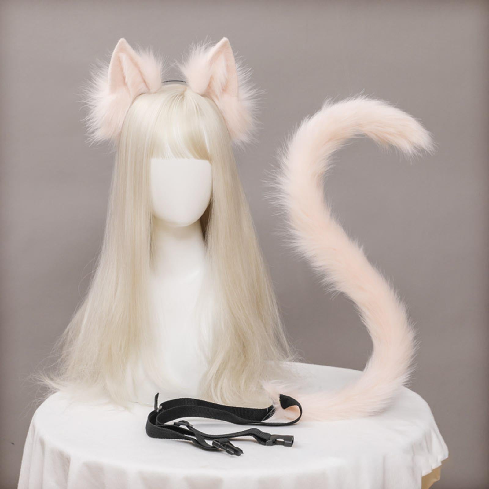 2Pcs Cat Ears and Tail Set Faux Fur Long Tail for Anime Cosplay Costume Kits Pink