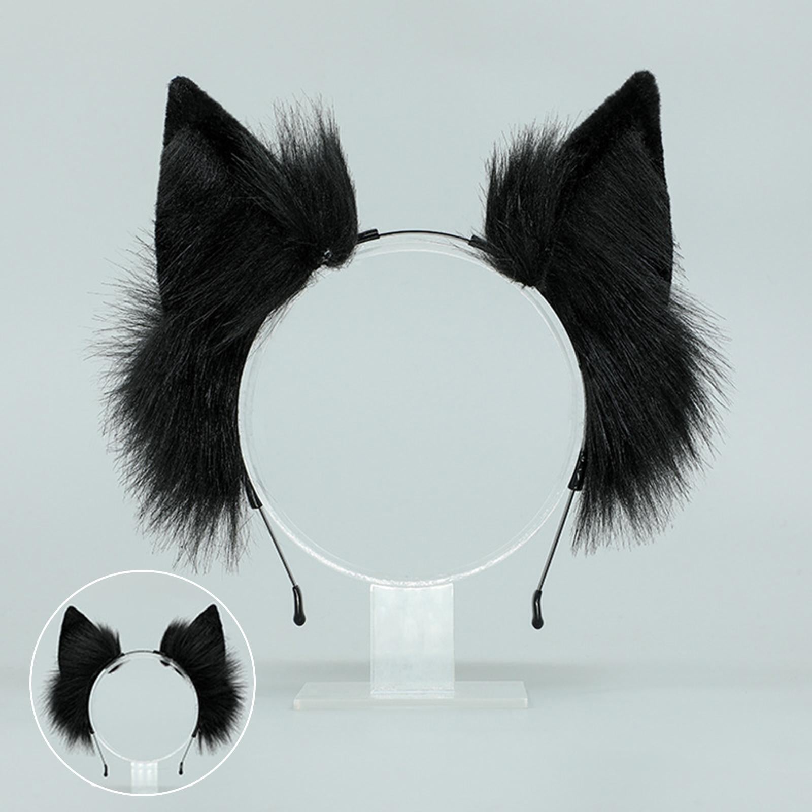 2Pcs Cat Ears and Tail Set Faux Fur Long Tail for Anime Cosplay Costume Kits Black