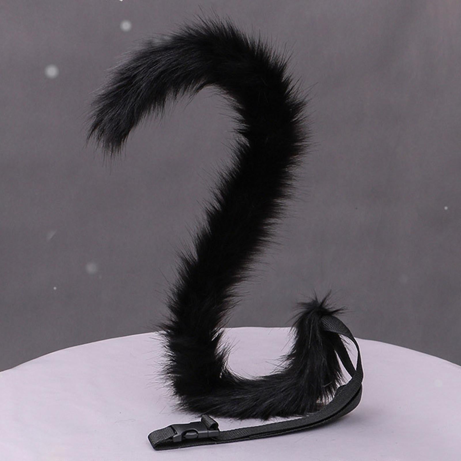 2Pcs Cat Ears and Tail Set Faux Fur Long Tail for Anime Cosplay Costume Kits Black