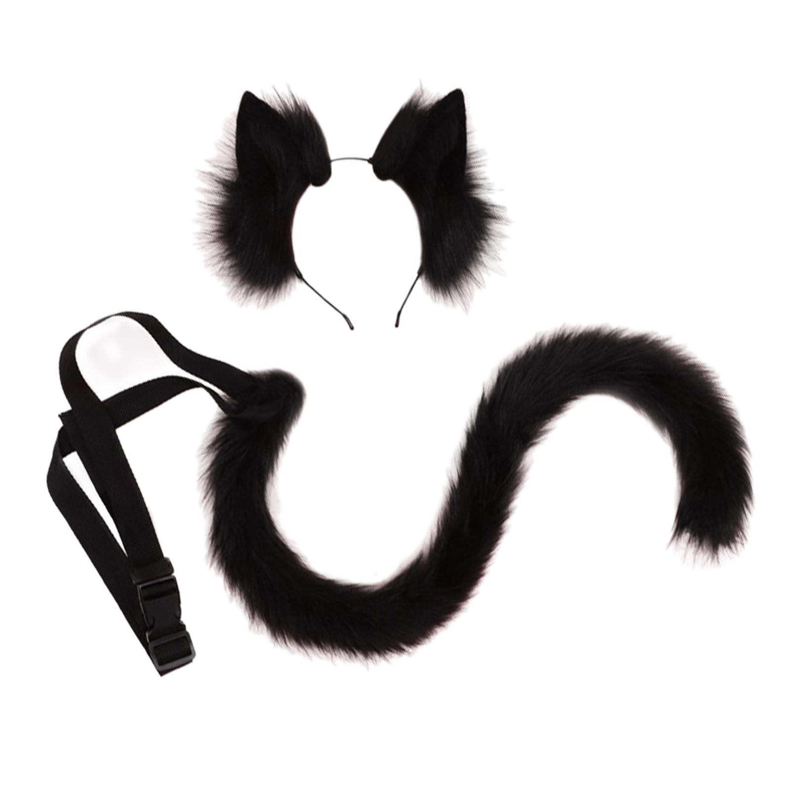 2Pcs Cat Ears and Tail Set Faux Fur Long Tail for Anime Cosplay Costume Kits Black