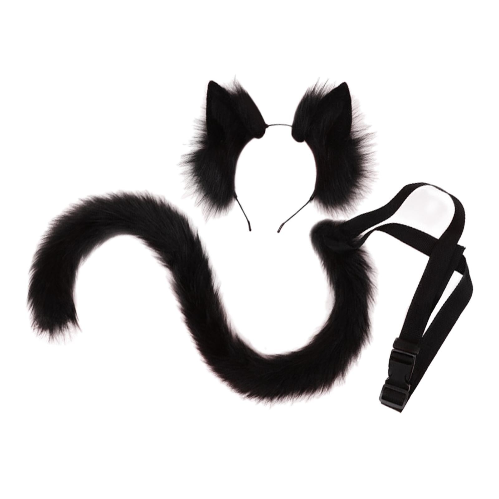 2Pcs Cat Ears and Tail Set Faux Fur Long Tail for Anime Cosplay Costume Kits Black