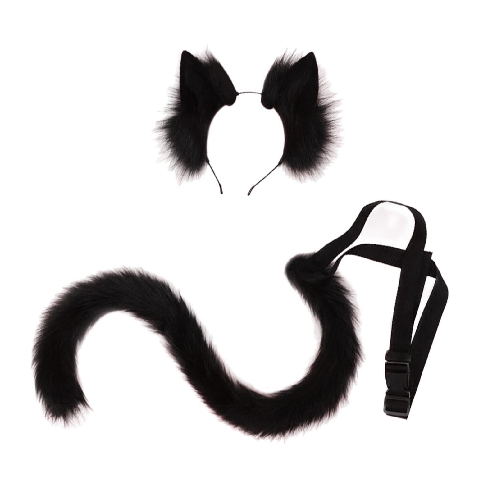 2Pcs Cat Ears and Tail Set Faux Fur Long Tail for Anime Cosplay Costume Kits Black