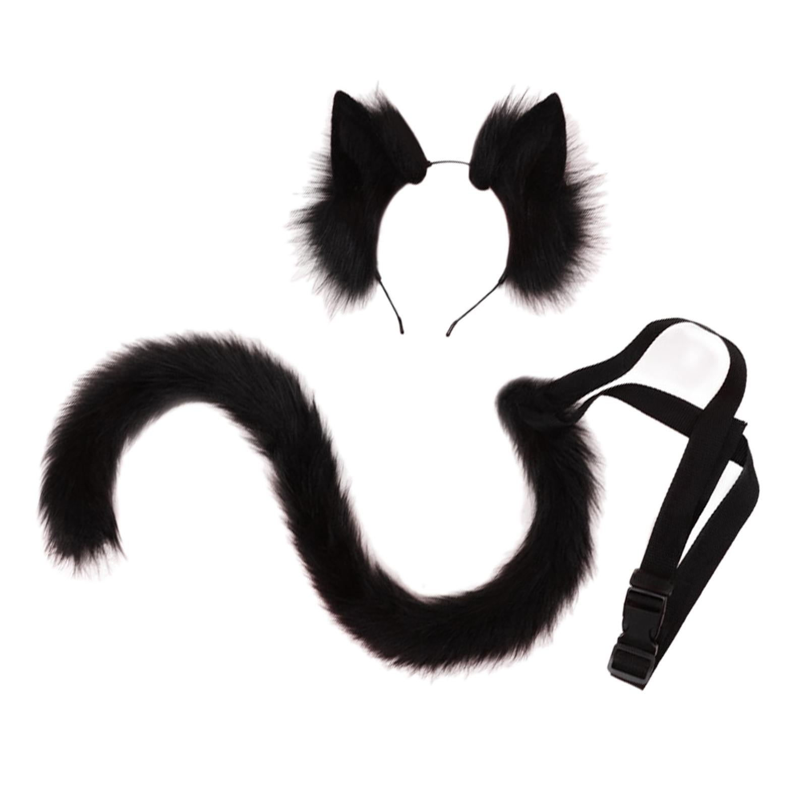 2Pcs Cat Ears and Tail Set Faux Fur Long Tail for Anime Cosplay Costume Kits Black