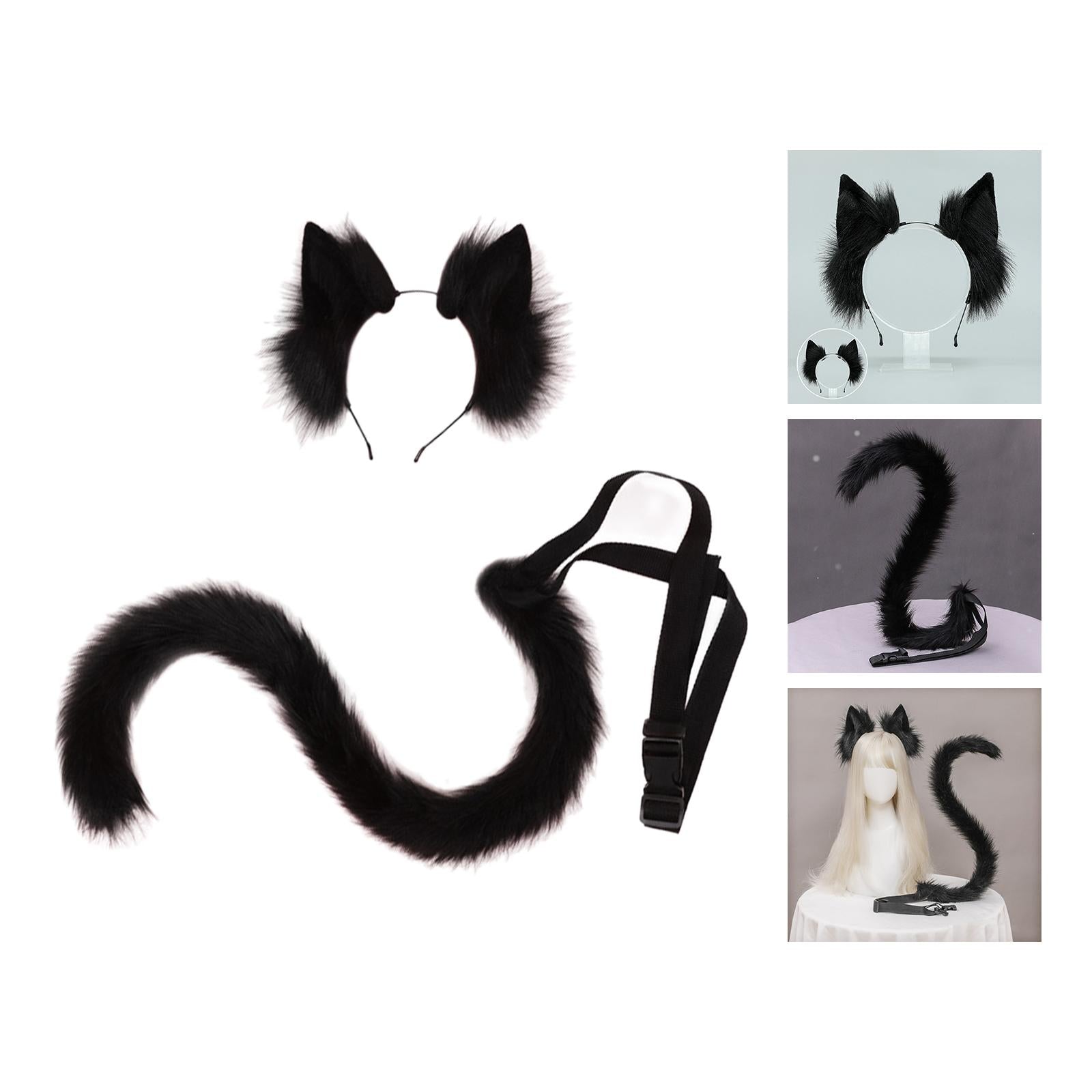 2Pcs Cat Ears and Tail Set Faux Fur Long Tail for Anime Cosplay Costume Kits Black