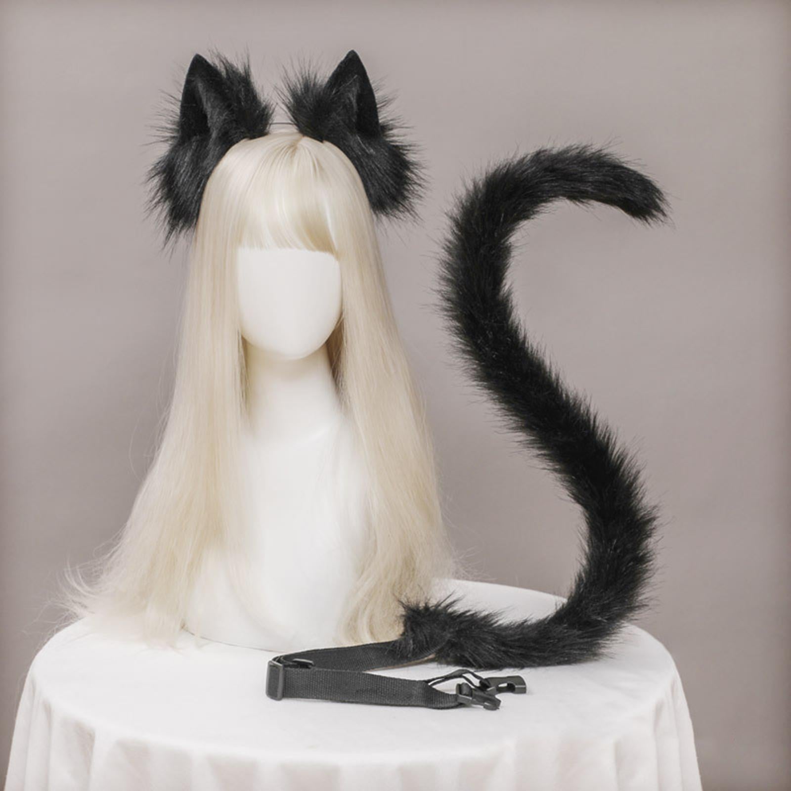 2Pcs Cat Ears and Tail Set Faux Fur Long Tail for Anime Cosplay Costume Kits Black