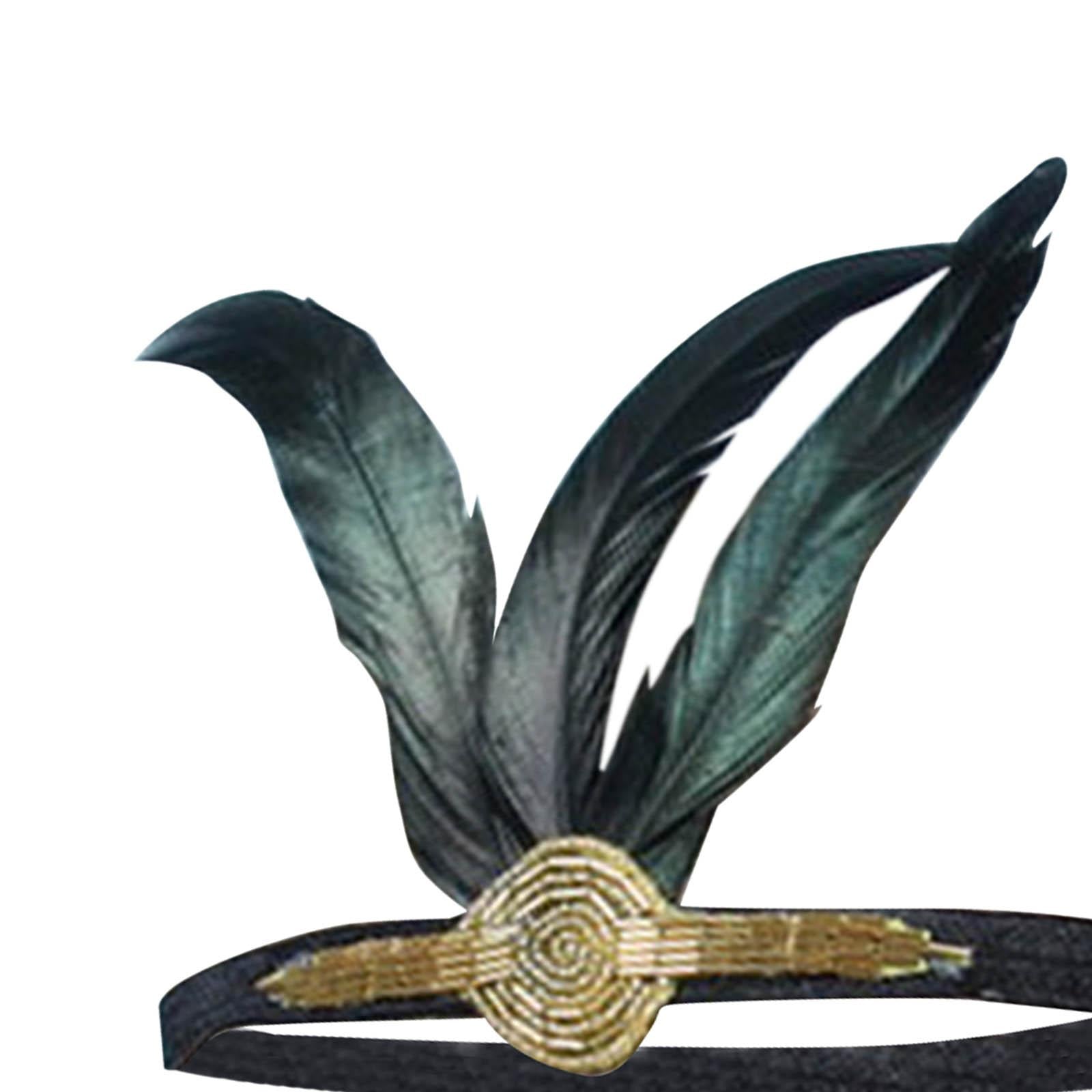 20S Black Feather with Rhinestone Flapper Applique Headband Elastic Belt