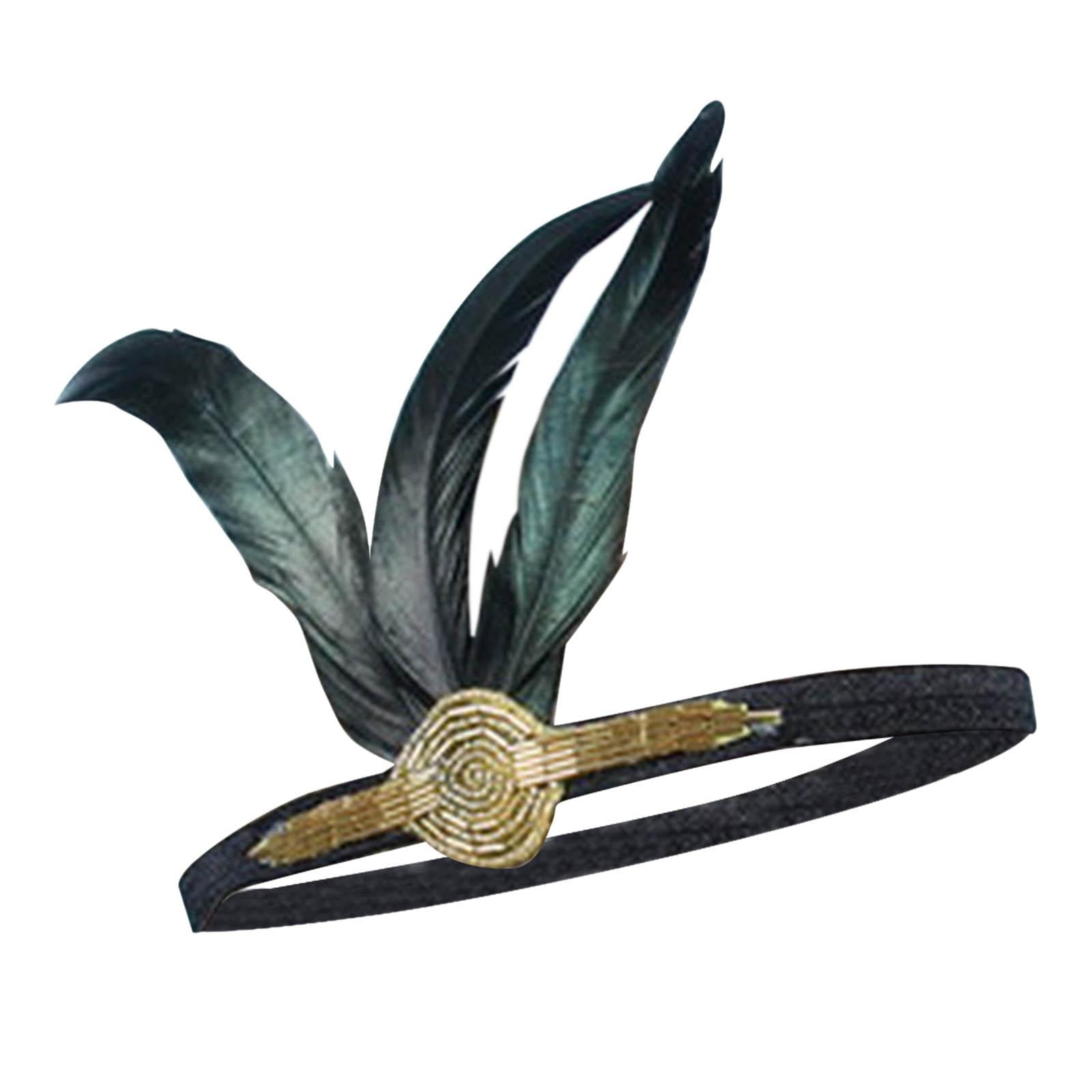 20S Black Feather with Rhinestone Flapper Applique Headband Elastic Belt