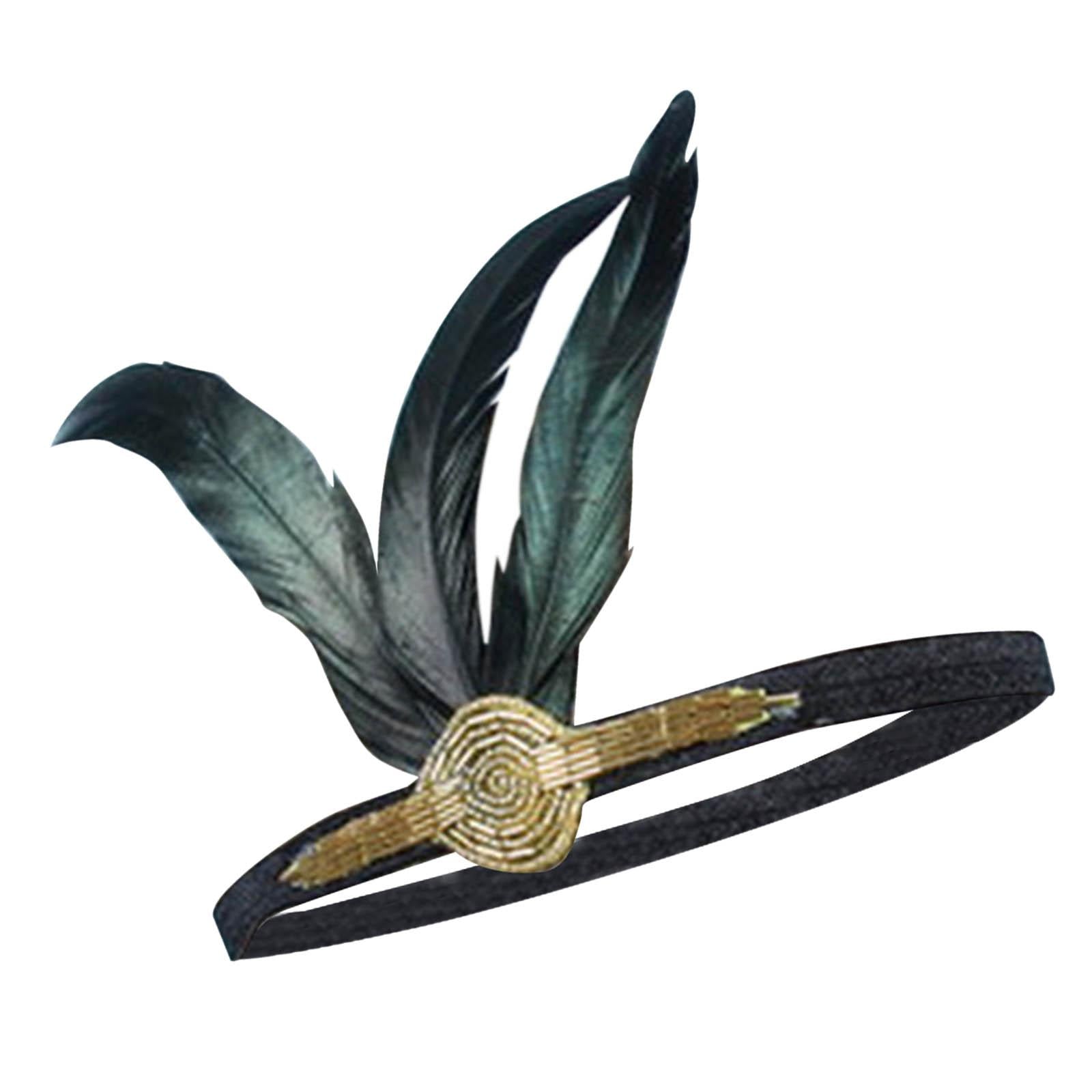 20S Black Feather with Rhinestone Flapper Applique Headband Elastic Belt