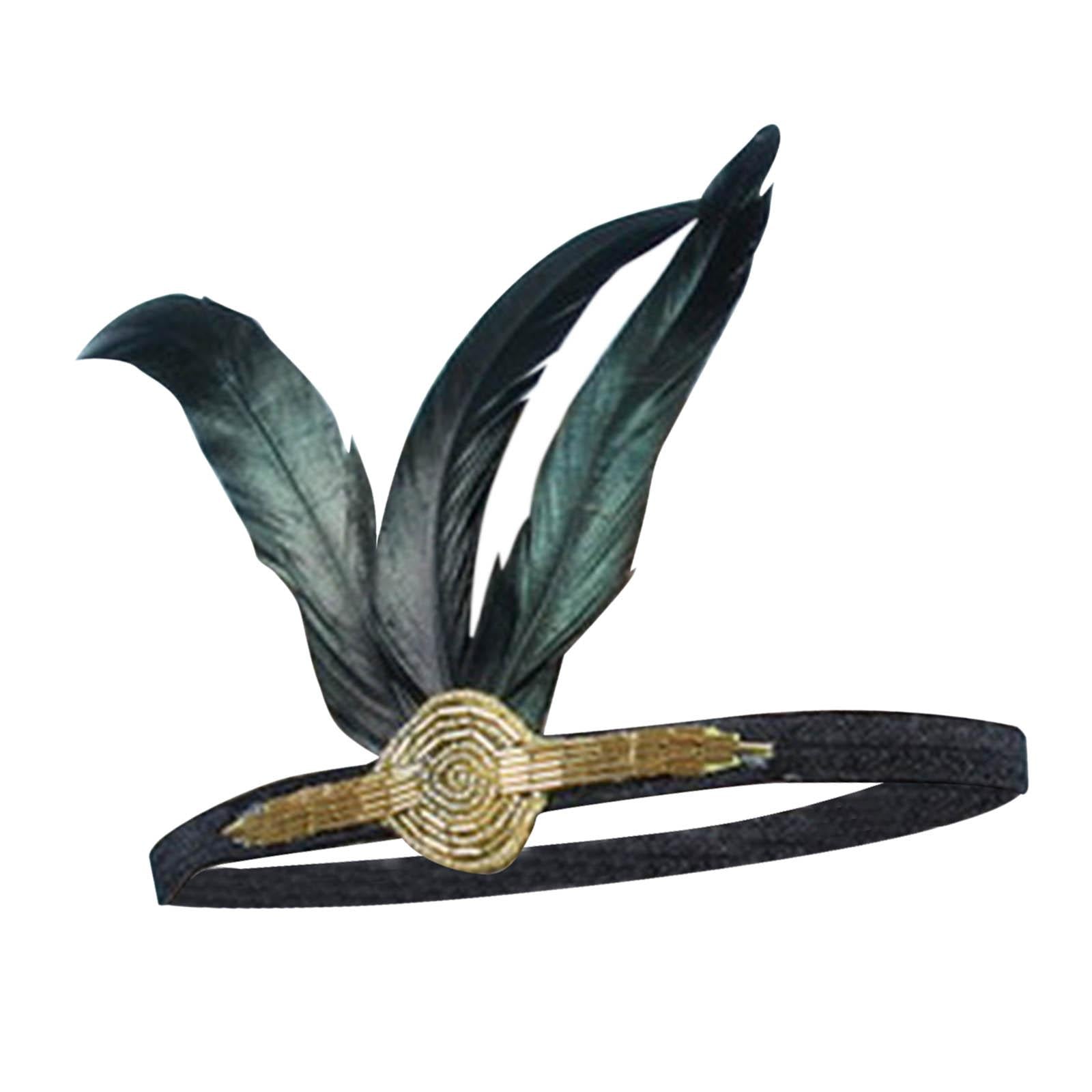 20S Black Feather with Rhinestone Flapper Applique Headband Elastic Belt