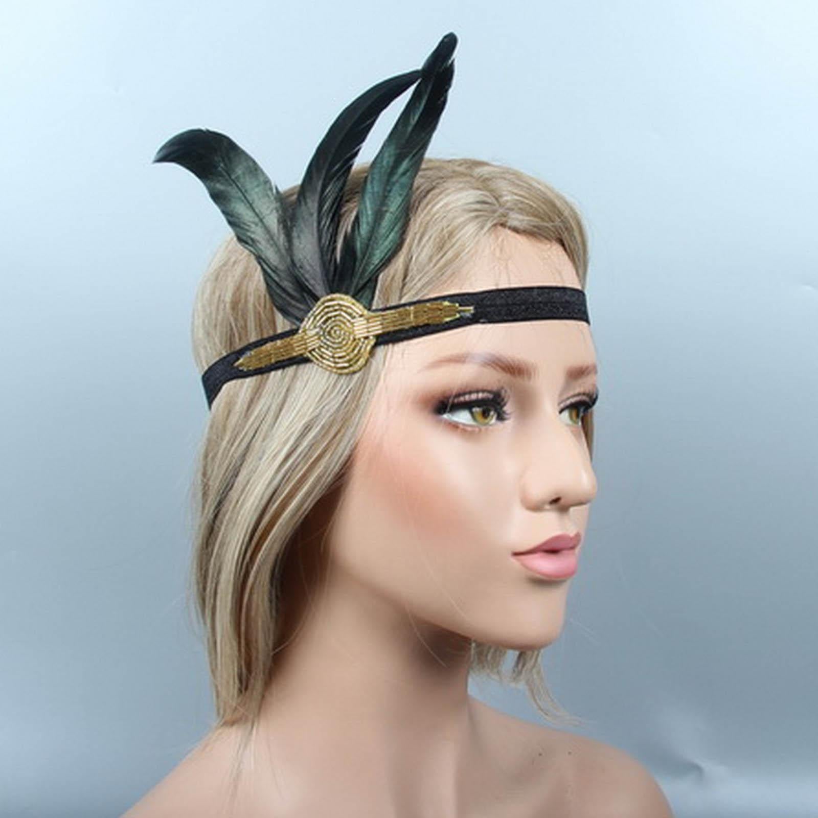 20S Black Feather with Rhinestone Flapper Applique Headband Elastic Belt