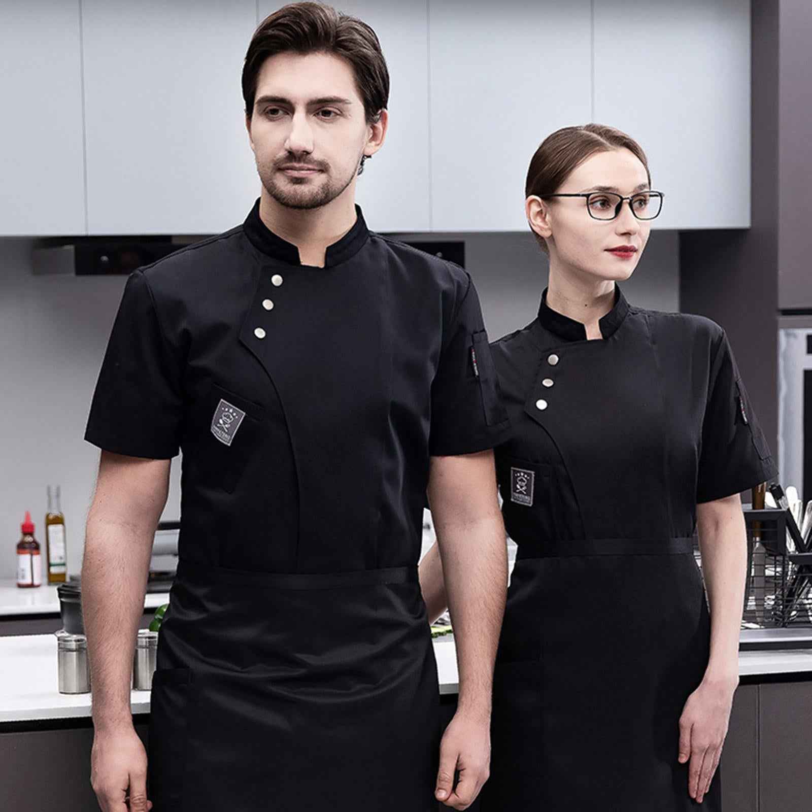 Chef Jacket Short Sleeve Cooking Clothes Simple Chef Coat for Restaurant Black L