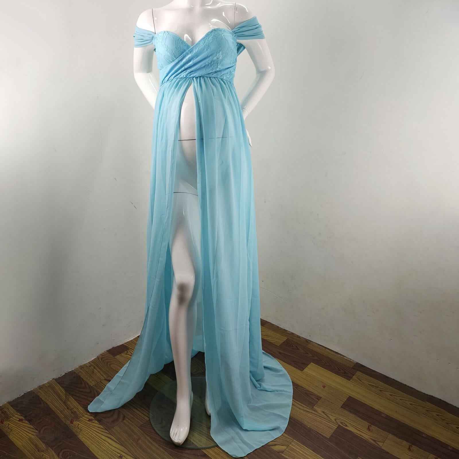 Women Maternity Dress Maxi Dress for Photography Props Photoshoot Wedding M Blue