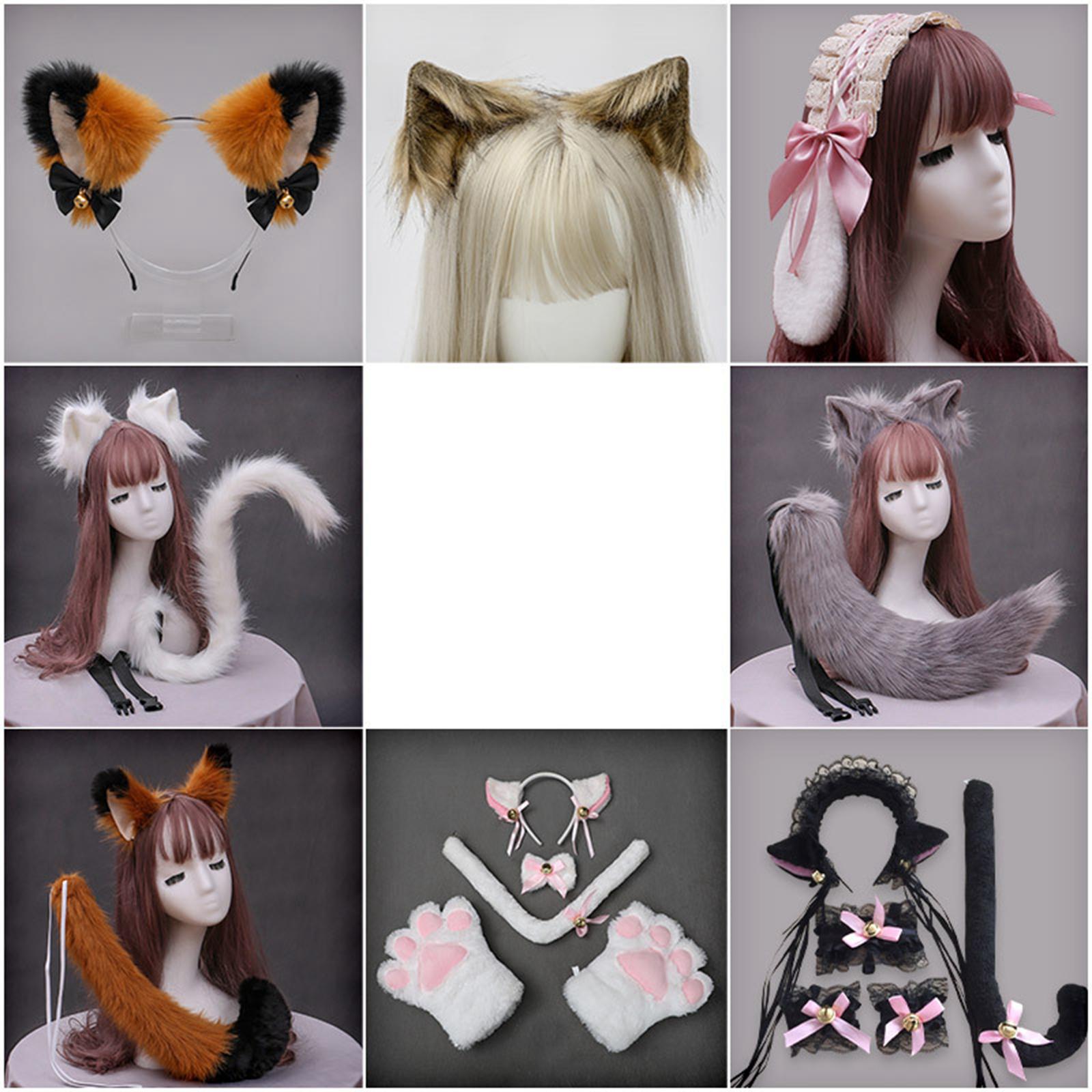 2Pcs Plush Fox Ears and Tail Set Faux Fur Long Tails Cosplay Party Prop Brown