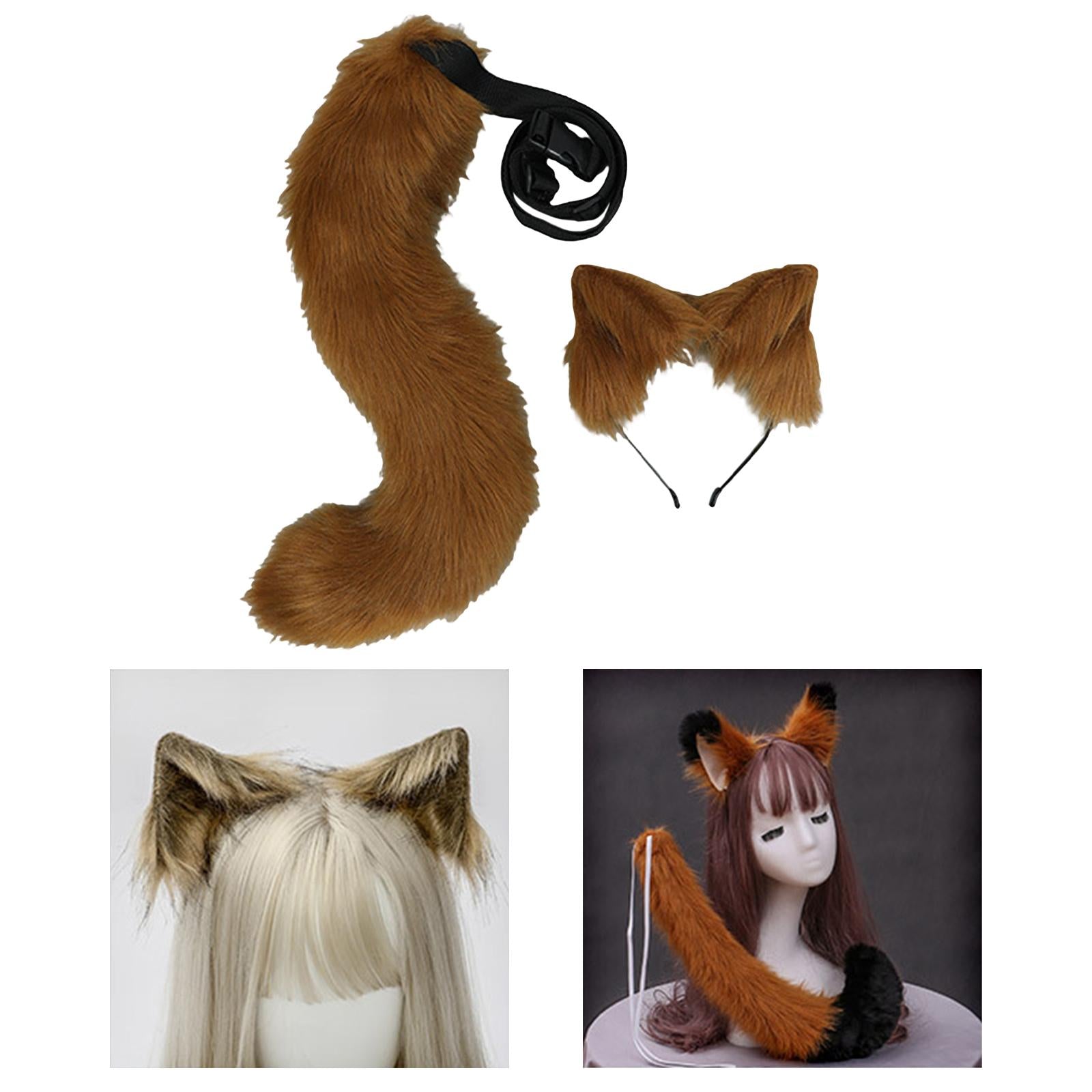 2Pcs Plush Fox Ears and Tail Set Faux Fur Long Tails Cosplay Party Prop Brown