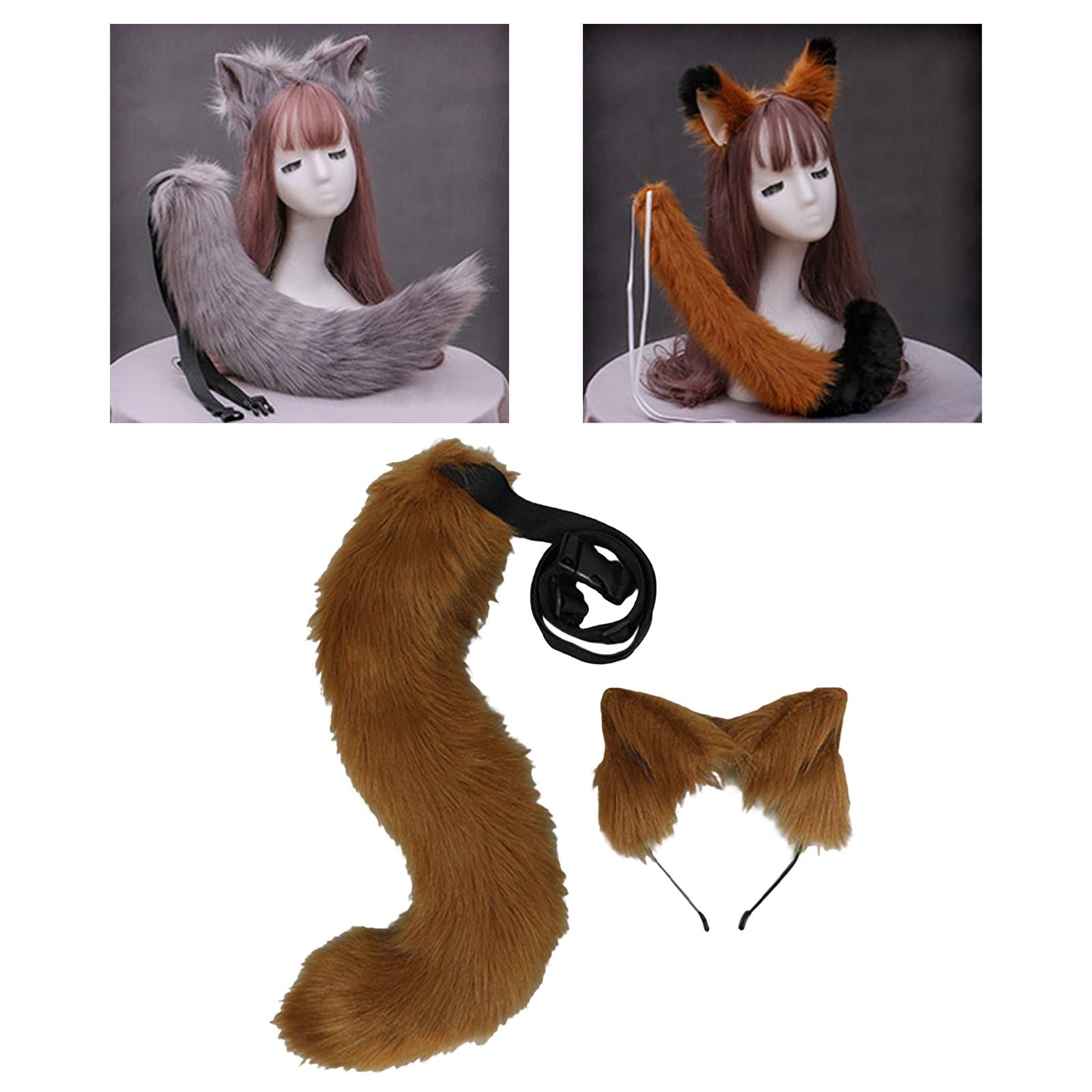 2Pcs Plush Fox Ears and Tail Set Faux Fur Long Tails Cosplay Party Prop Brown