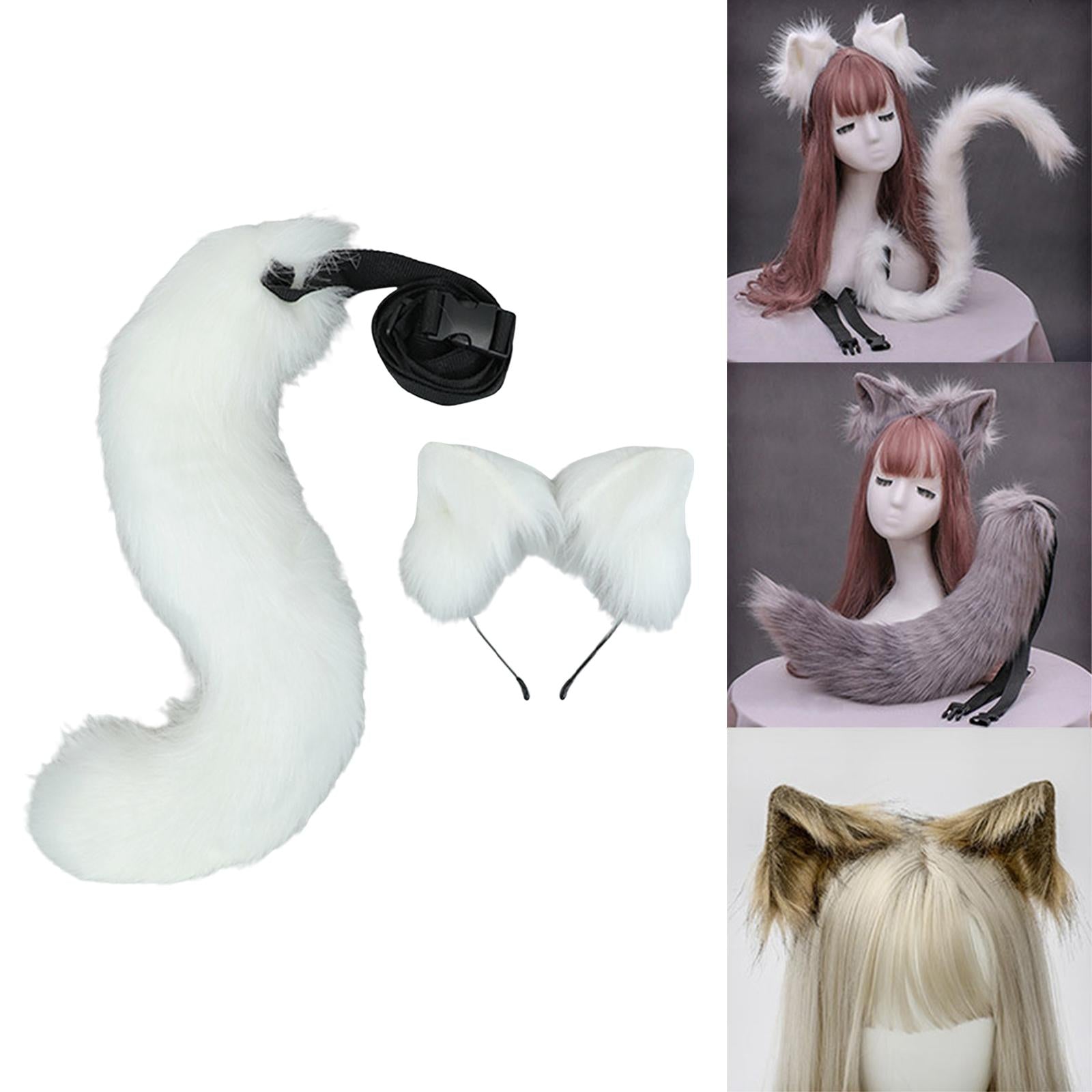 2Pcs Plush Fox Ears and Tail Set Faux Fur Long Tails Cosplay Party Prop White