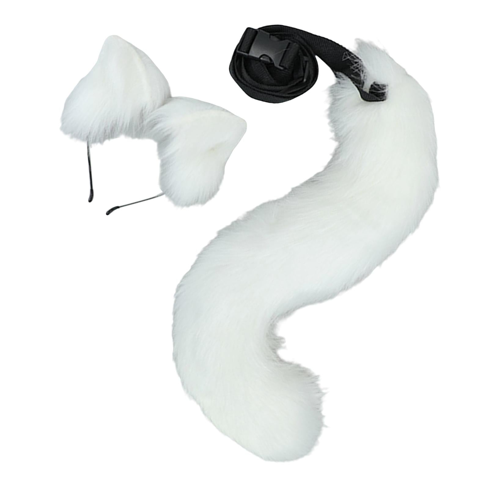 2Pcs Plush Fox Ears and Tail Set Faux Fur Long Tails Cosplay Party Prop White