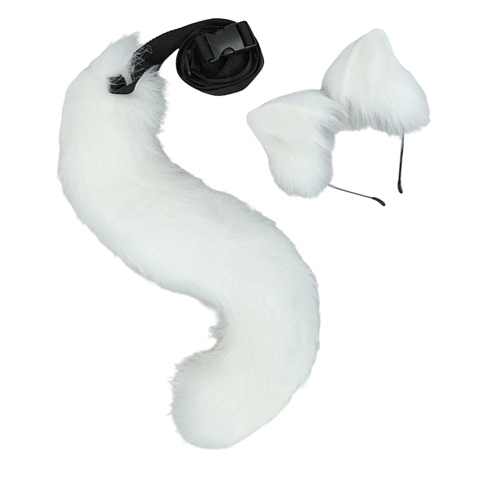 2Pcs Plush Fox Ears and Tail Set Faux Fur Long Tails Cosplay Party Prop White