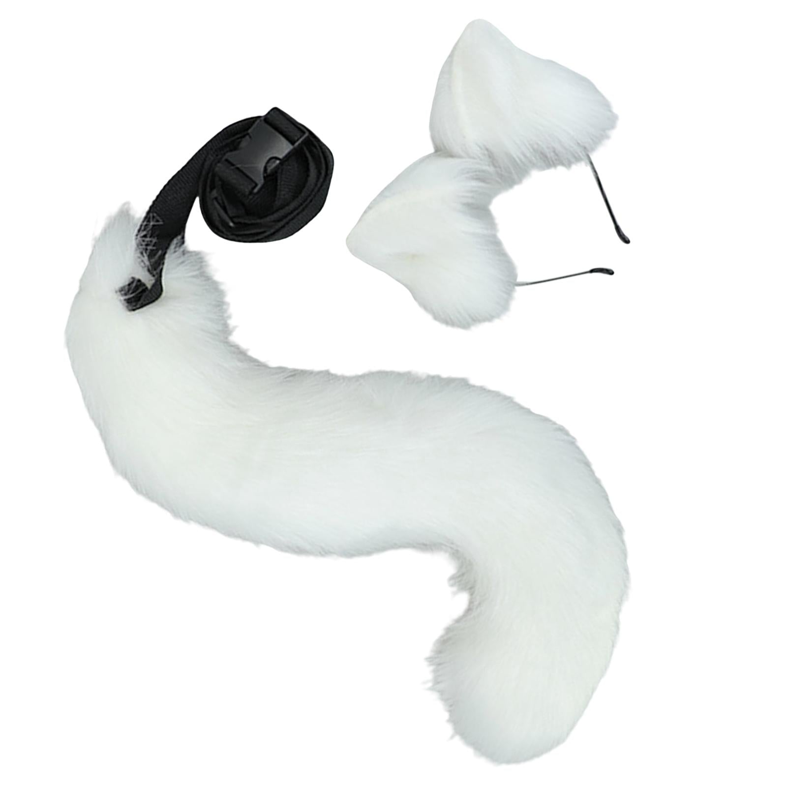 2Pcs Plush Fox Ears and Tail Set Faux Fur Long Tails Cosplay Party Prop White