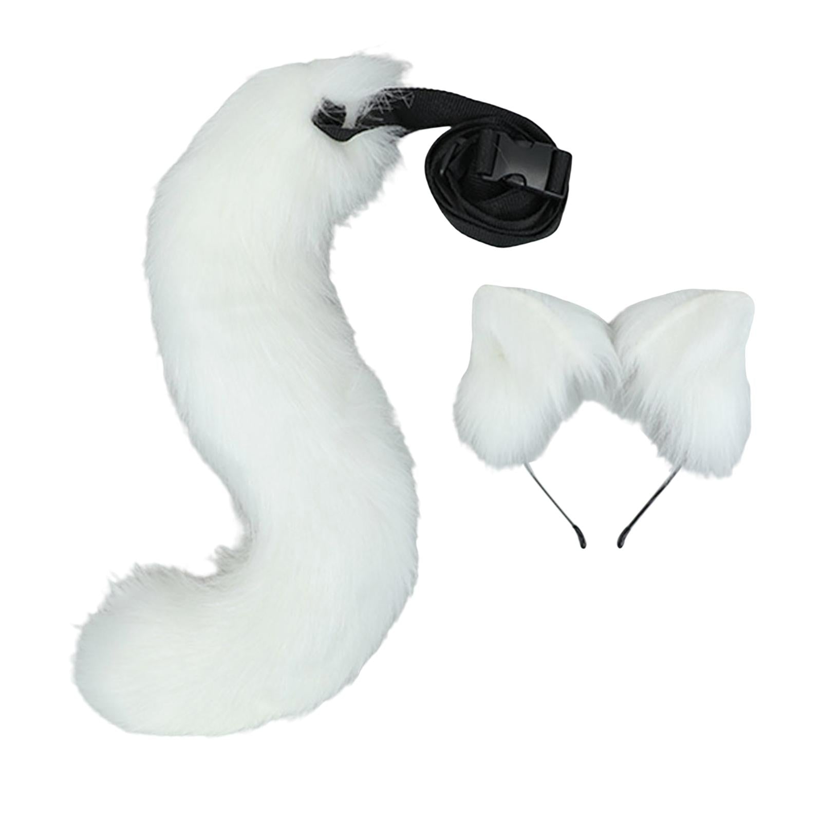 2Pcs Plush Fox Ears and Tail Set Faux Fur Long Tails Cosplay Party Prop White