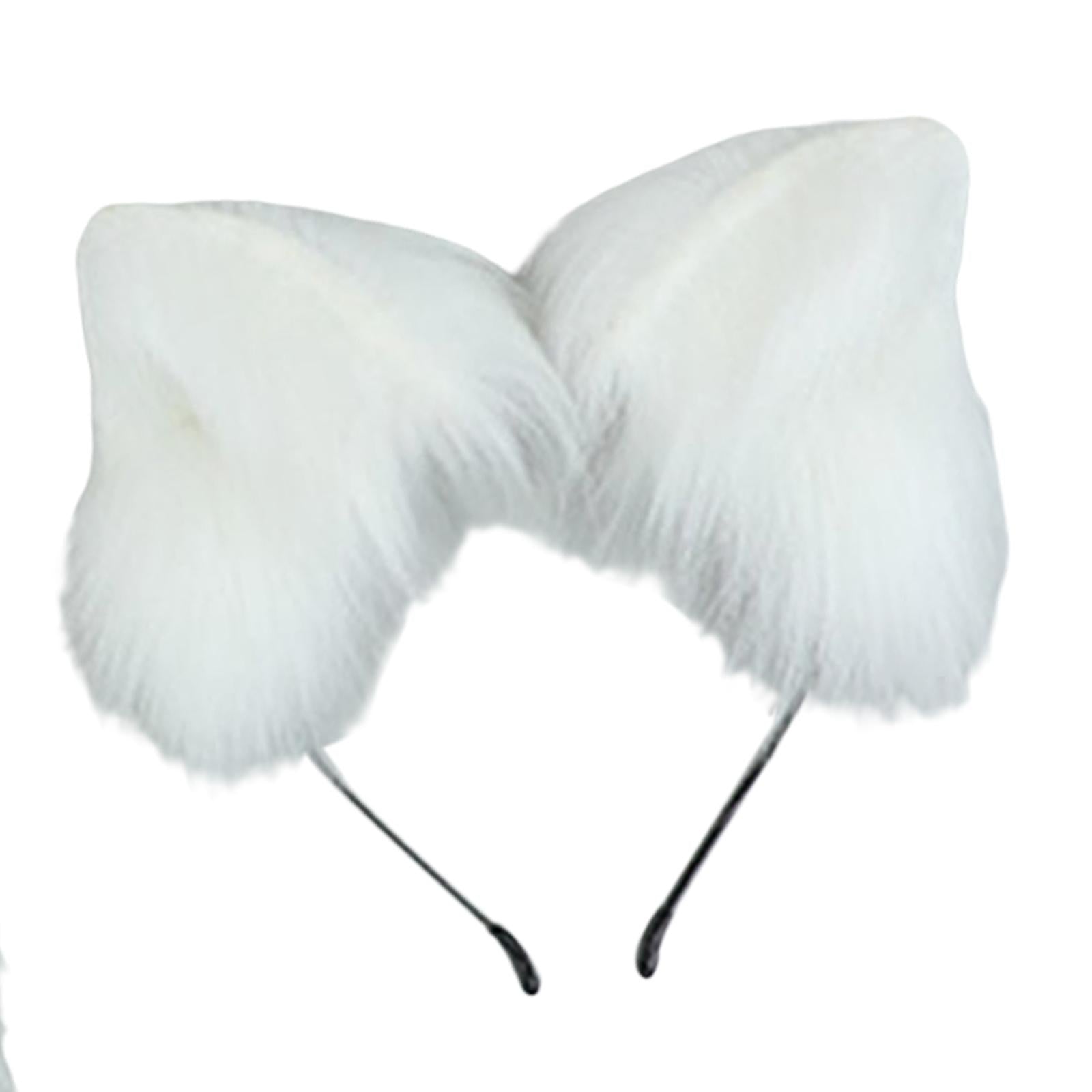 2Pcs Plush Fox Ears and Tail Set Faux Fur Long Tails Cosplay Party Prop White