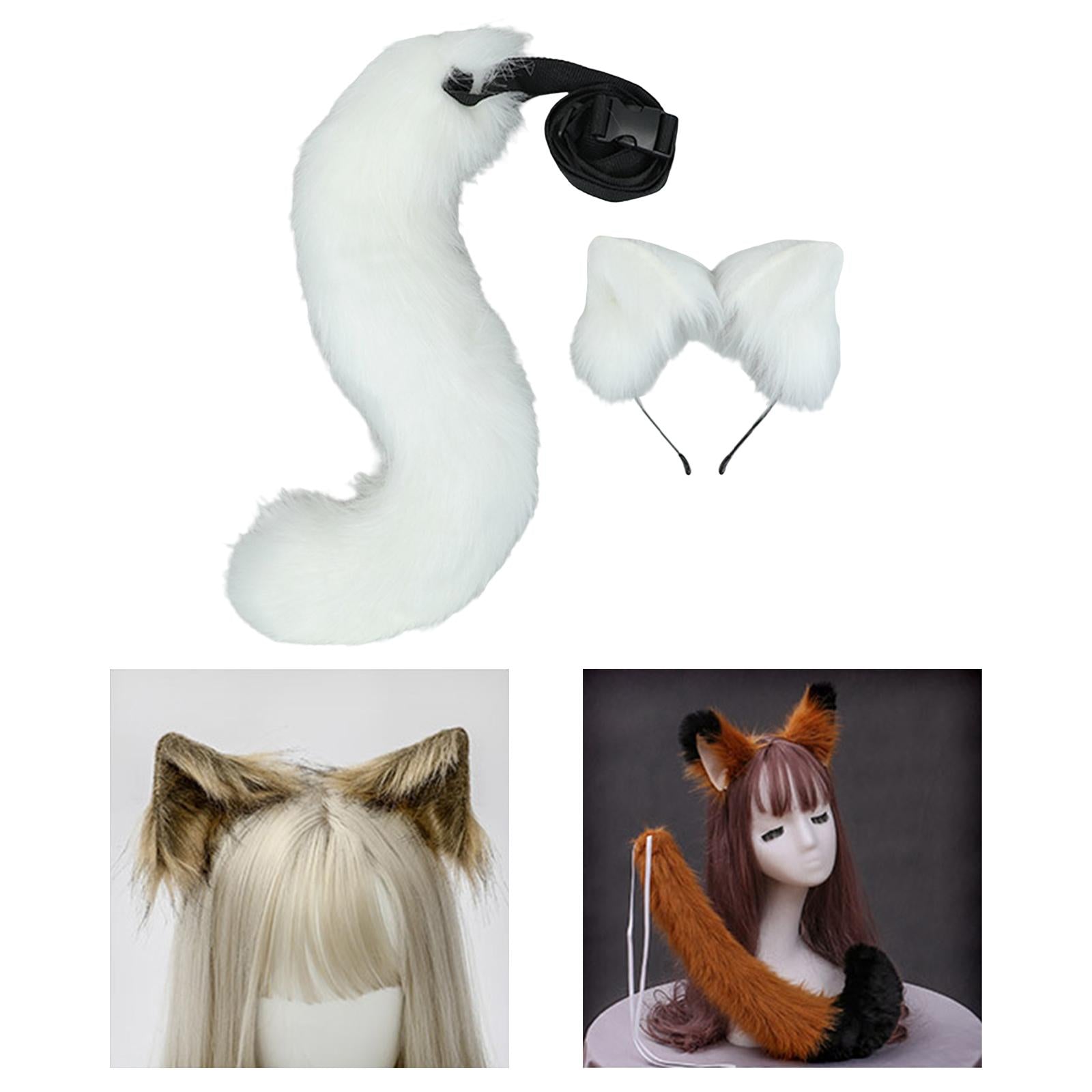 2Pcs Plush Fox Ears and Tail Set Faux Fur Long Tails Cosplay Party Prop White