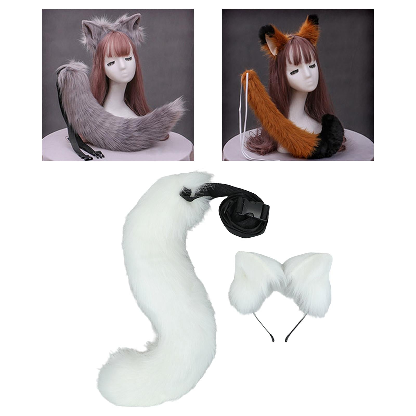 2Pcs Plush Fox Ears and Tail Set Faux Fur Long Tails Cosplay Party Prop White