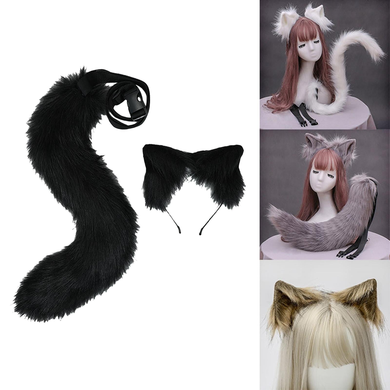 2Pcs Plush Fox Ears and Tail Set Faux Fur Long Tails Cosplay Party Prop Black