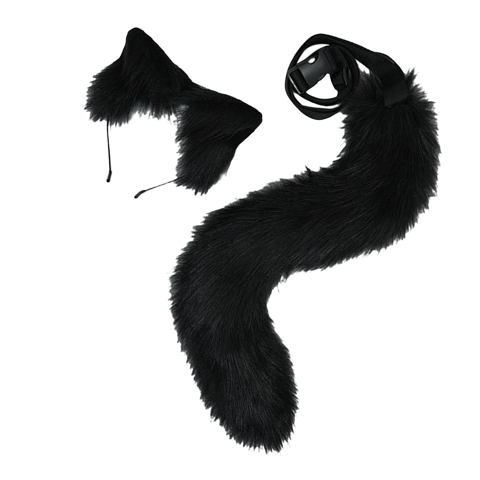 2Pcs Plush Fox Ears and Tail Set Faux Fur Long Tails Cosplay Party Prop Black