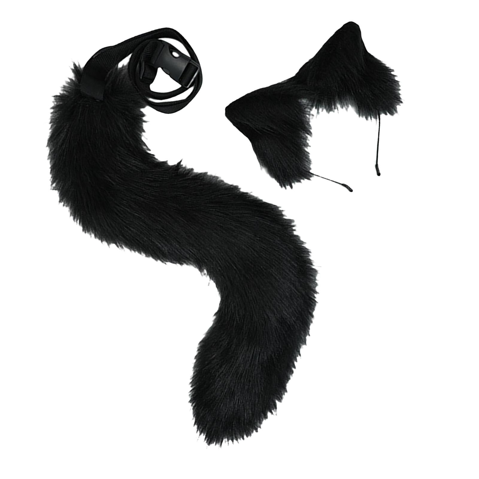 2Pcs Plush Fox Ears and Tail Set Faux Fur Long Tails Cosplay Party Prop Black