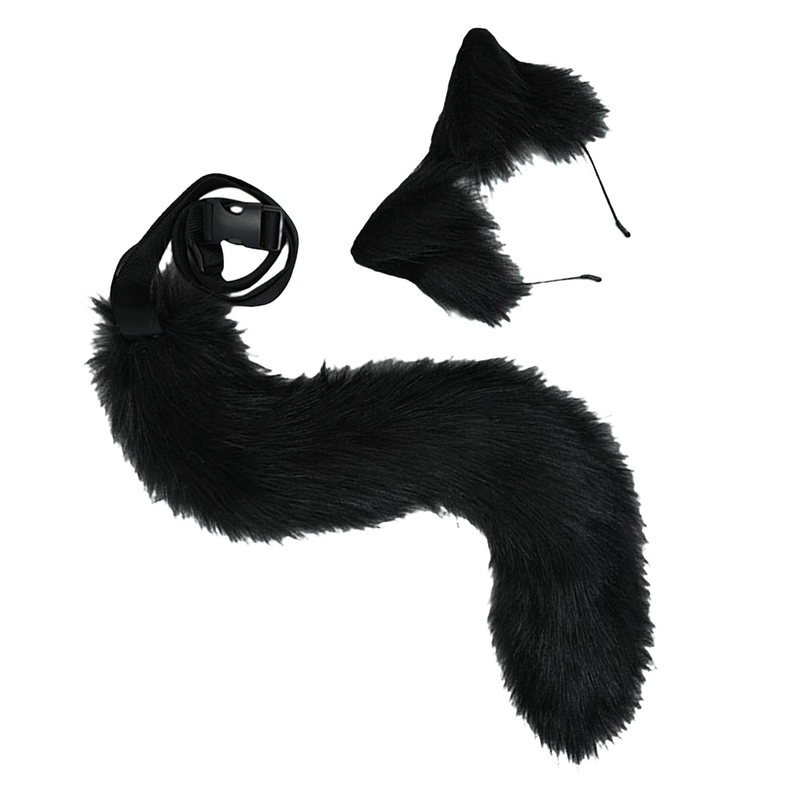 2Pcs Plush Fox Ears and Tail Set Faux Fur Long Tails Cosplay Party Prop Black