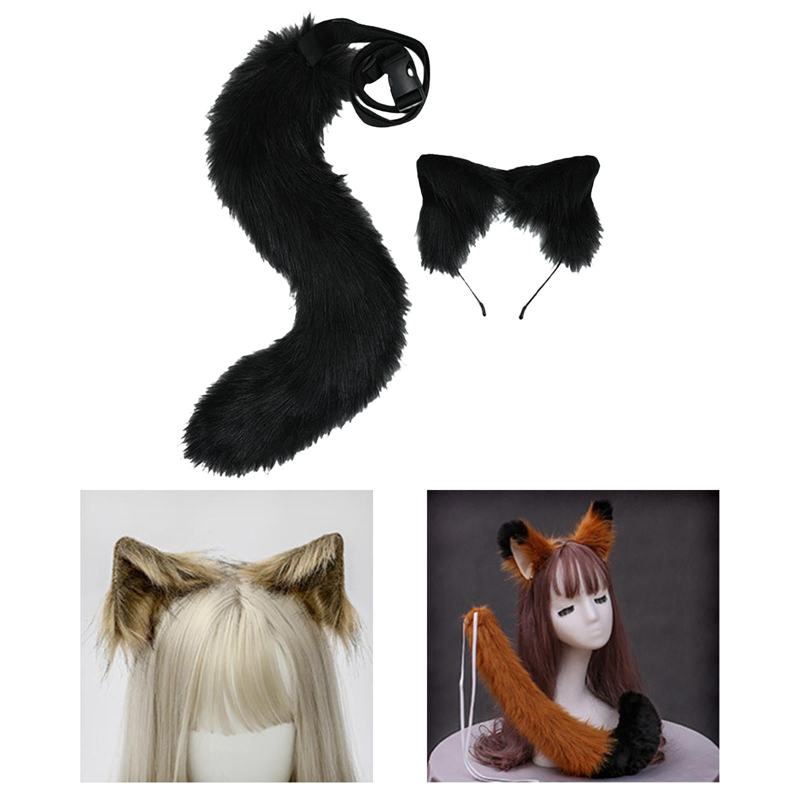 2Pcs Plush Fox Ears and Tail Set Faux Fur Long Tails Cosplay Party Prop Black