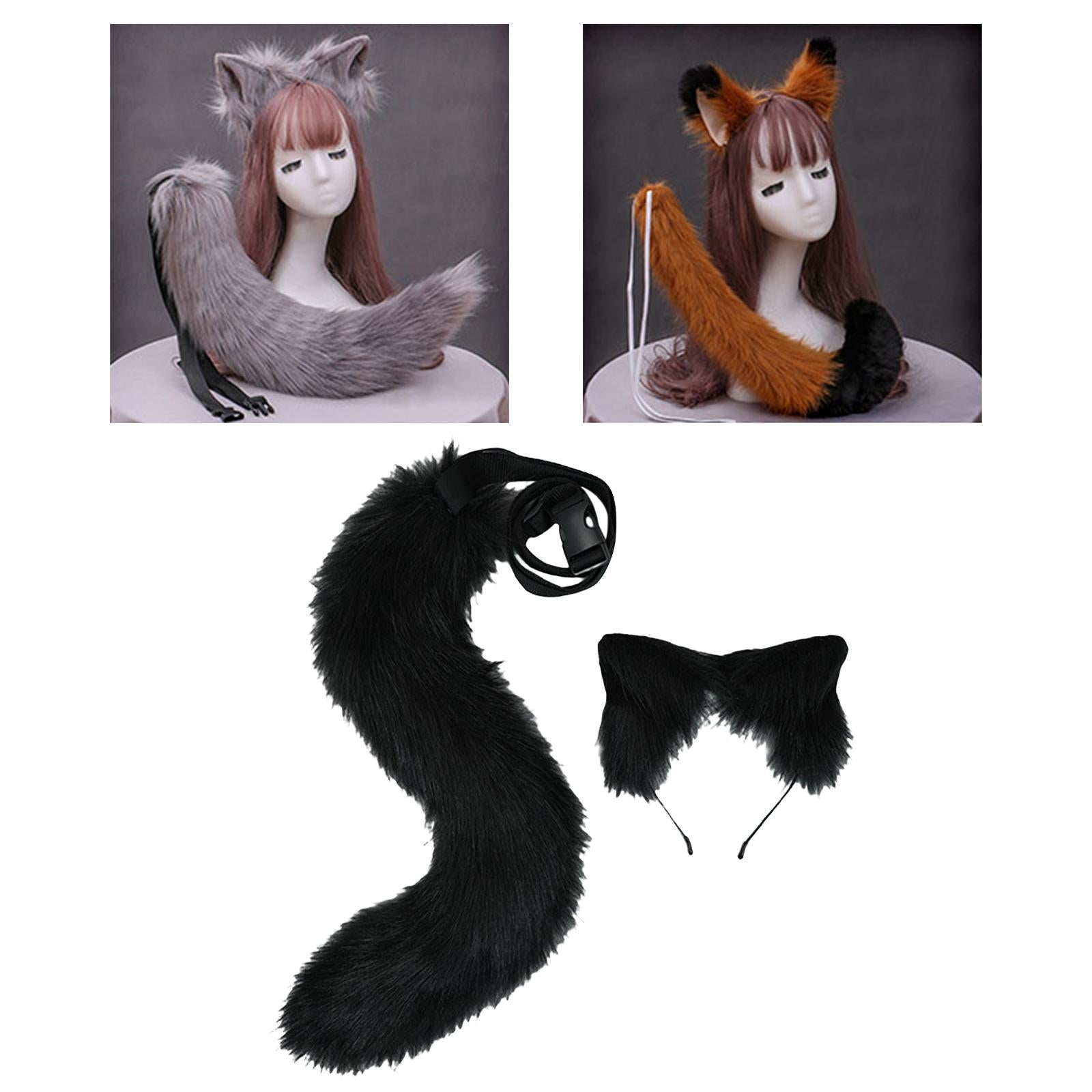 2Pcs Plush Fox Ears and Tail Set Faux Fur Long Tails Cosplay Party Prop Black