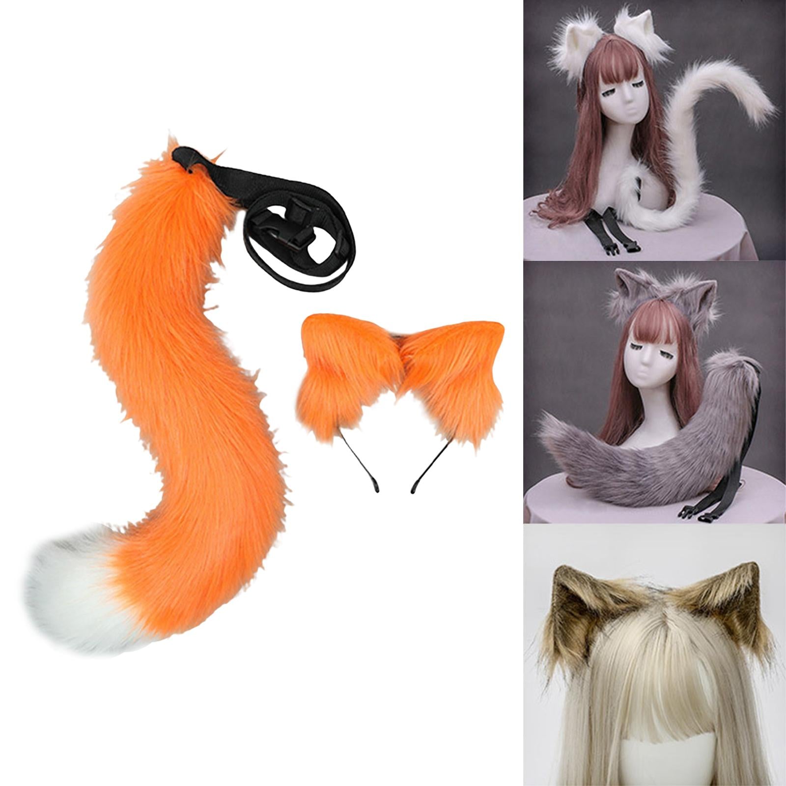 2Pcs Plush Fox Ears and Tail Set Faux Fur Long Tails Cosplay Party Prop Orange