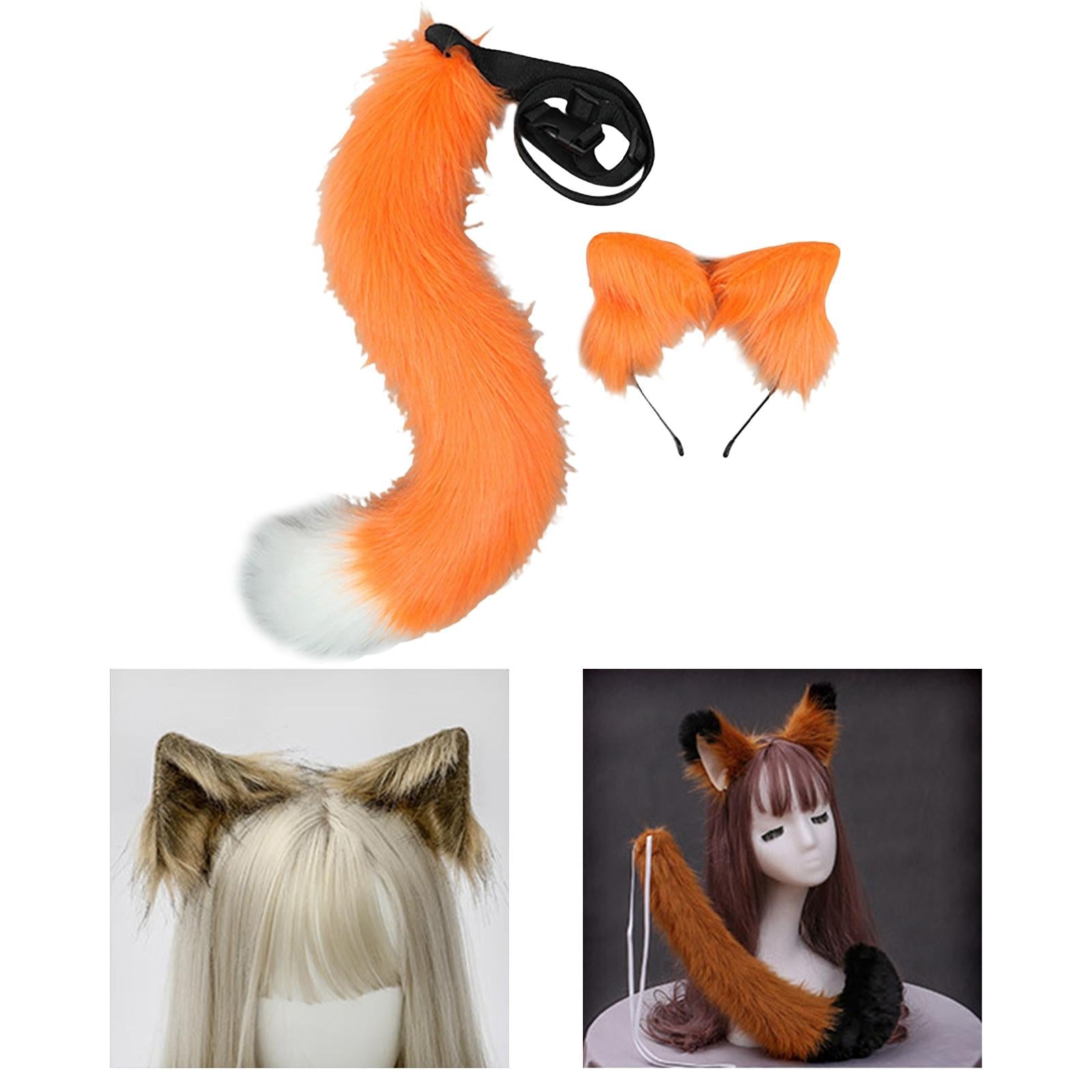 2Pcs Plush Fox Ears and Tail Set Faux Fur Long Tails Cosplay Party Prop Orange