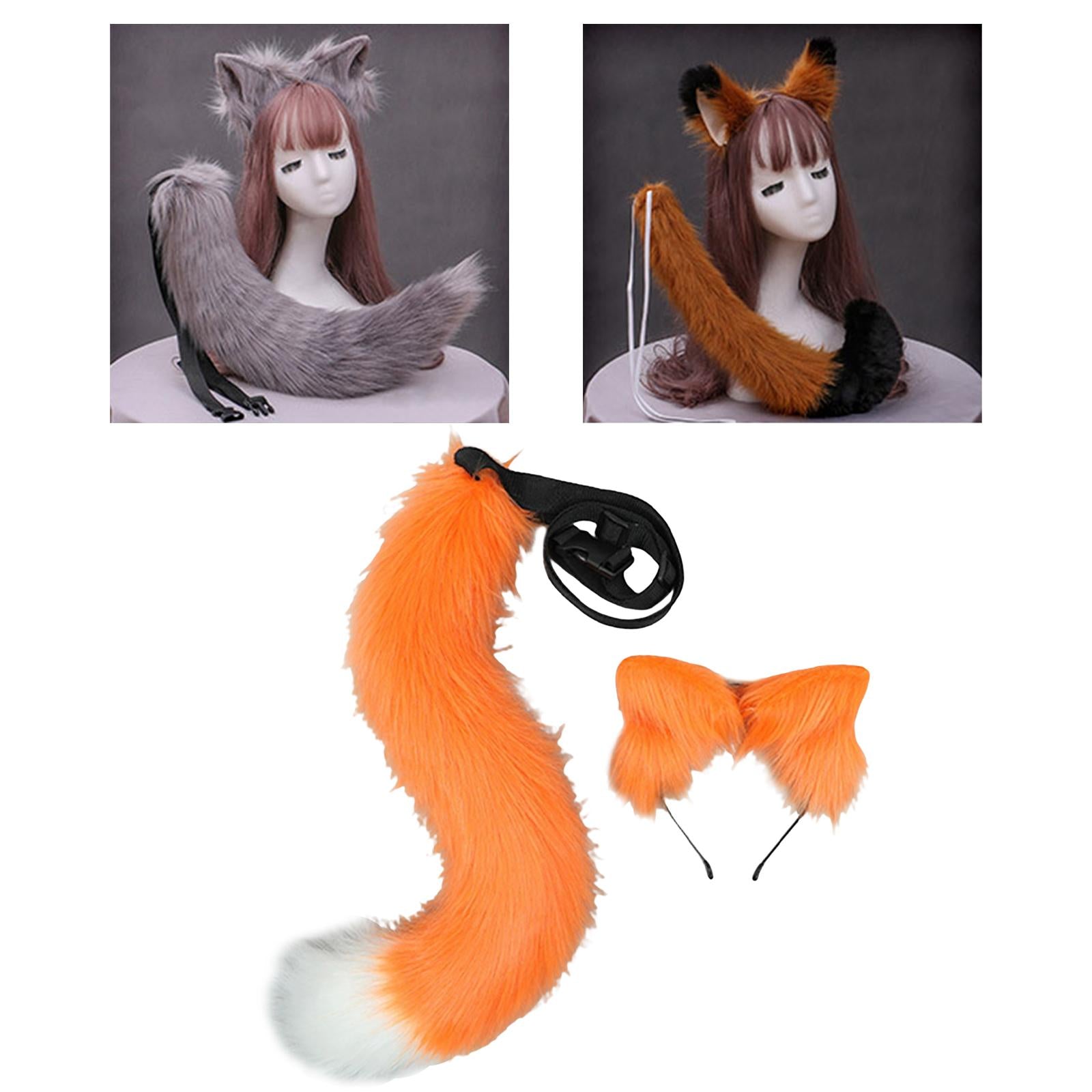 2Pcs Plush Fox Ears and Tail Set Faux Fur Long Tails Cosplay Party Prop Orange