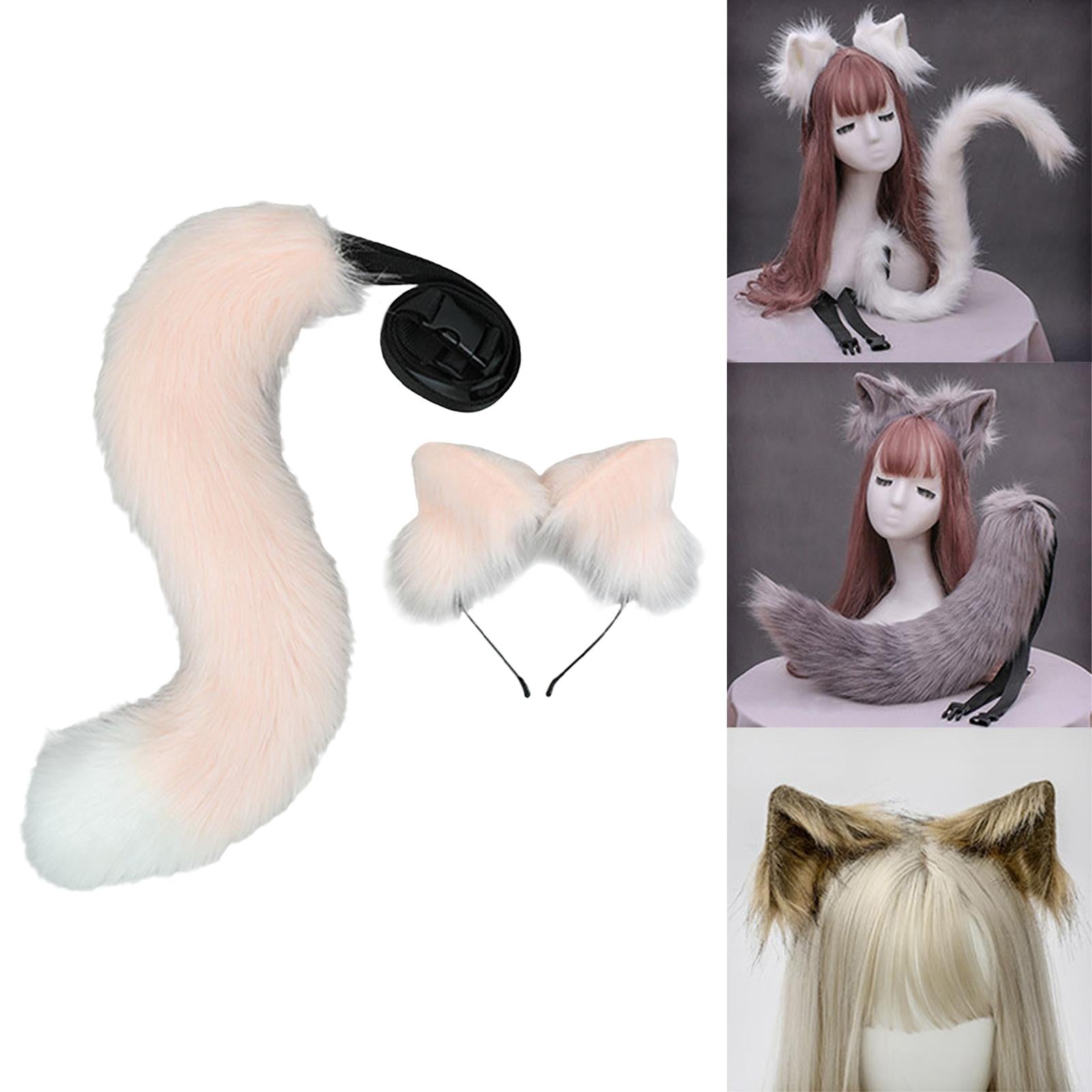 2Pcs Plush Fox Ears and Tail Set Faux Fur Long Tails Cosplay Party Prop Pink