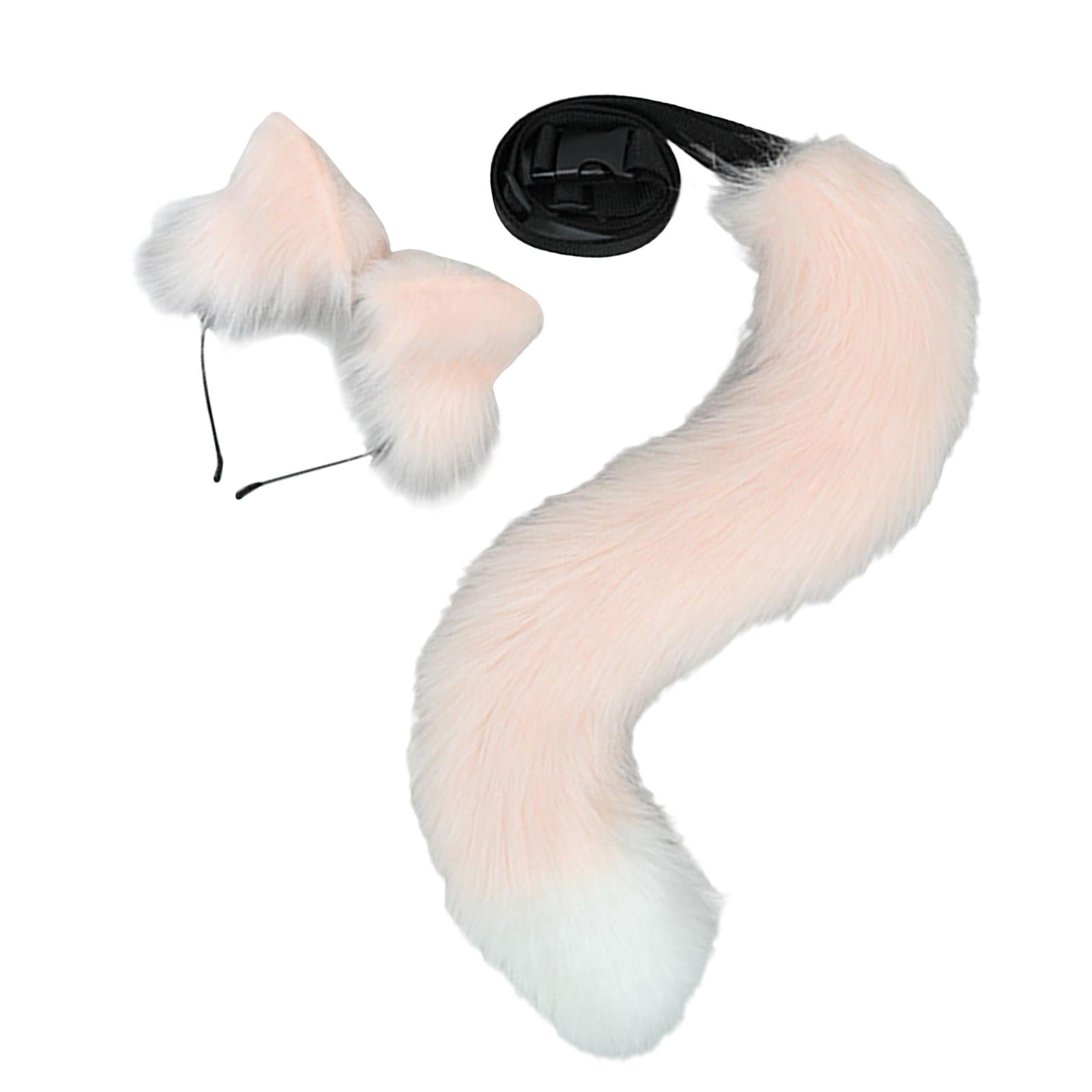 2Pcs Plush Fox Ears and Tail Set Faux Fur Long Tails Cosplay Party Prop Pink