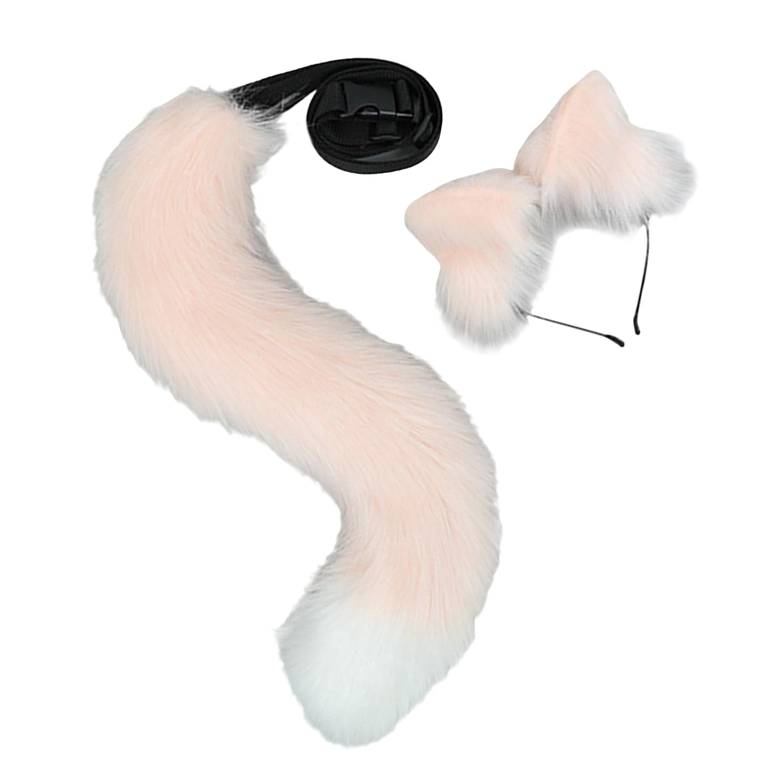 2Pcs Plush Fox Ears and Tail Set Faux Fur Long Tails Cosplay Party Prop Pink