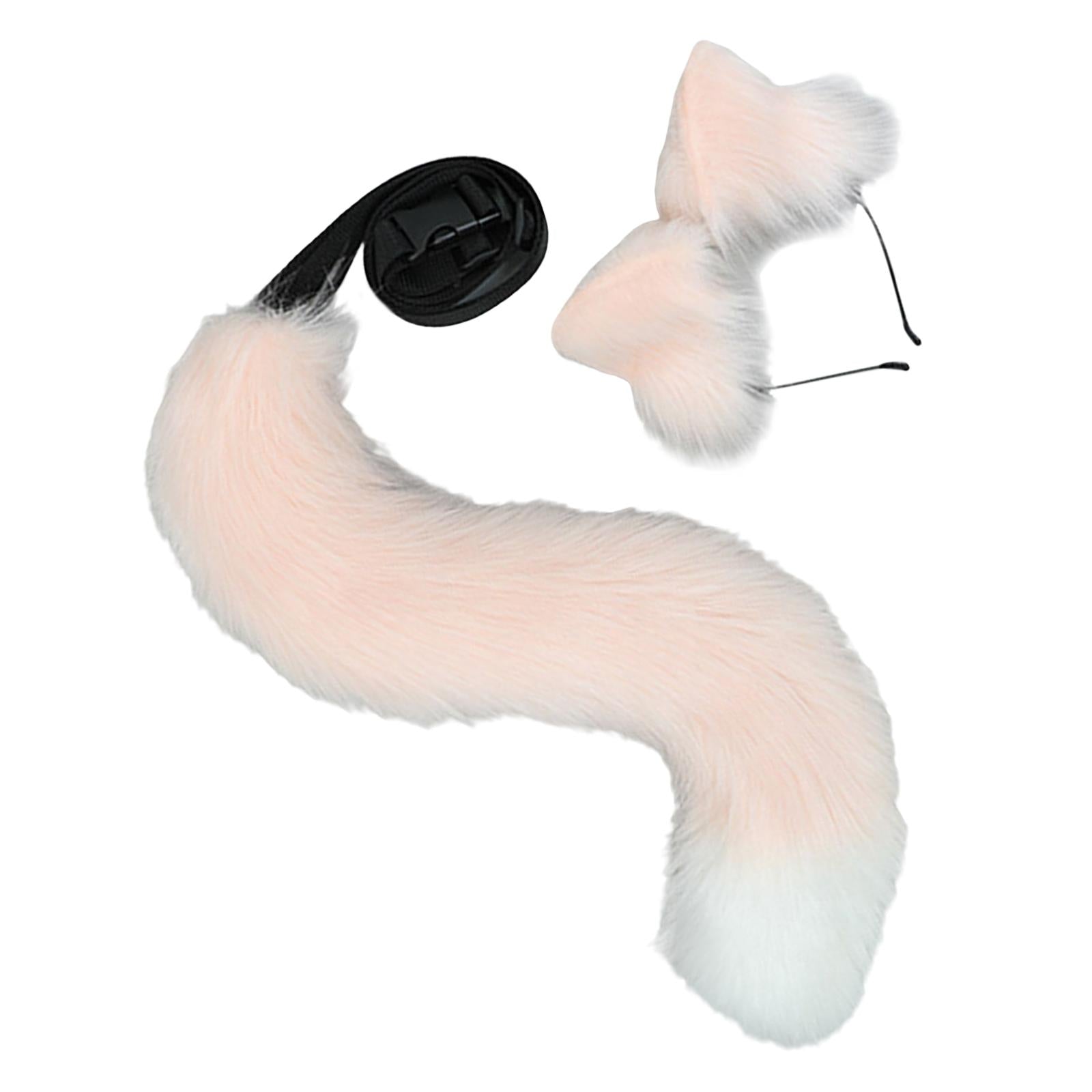 2Pcs Plush Fox Ears and Tail Set Faux Fur Long Tails Cosplay Party Prop Pink