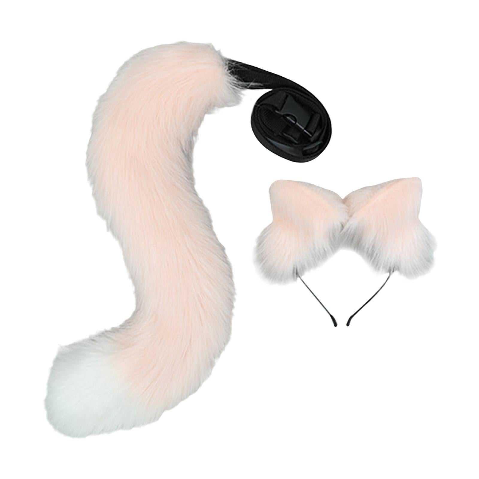 2Pcs Plush Fox Ears and Tail Set Faux Fur Long Tails Cosplay Party Prop Pink