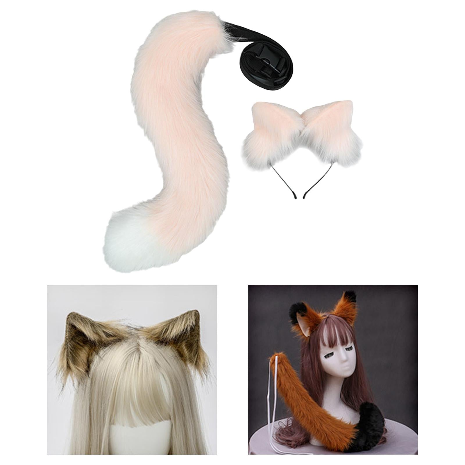 2Pcs Plush Fox Ears and Tail Set Faux Fur Long Tails Cosplay Party Prop Pink