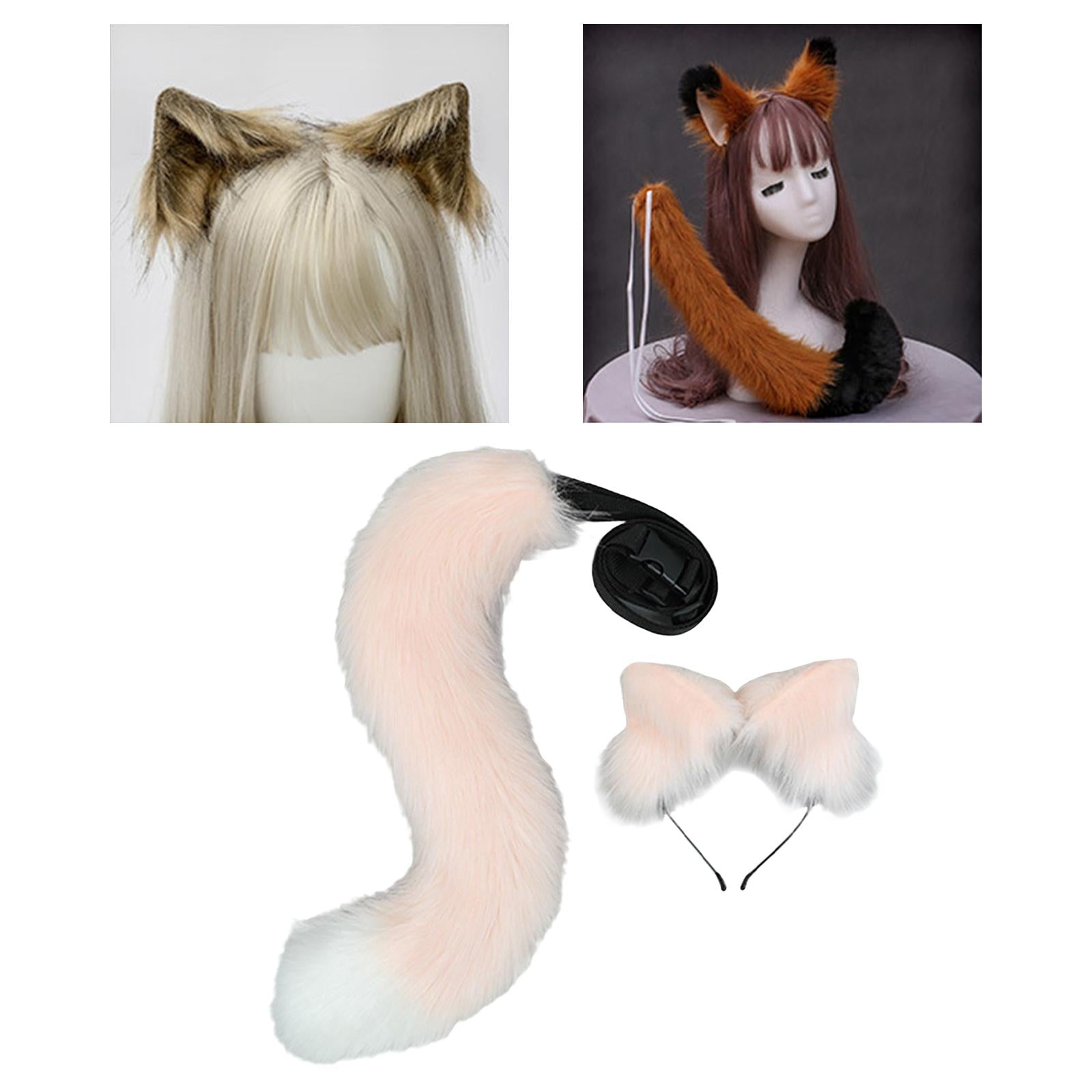 2Pcs Plush Fox Ears and Tail Set Faux Fur Long Tails Cosplay Party Prop Pink