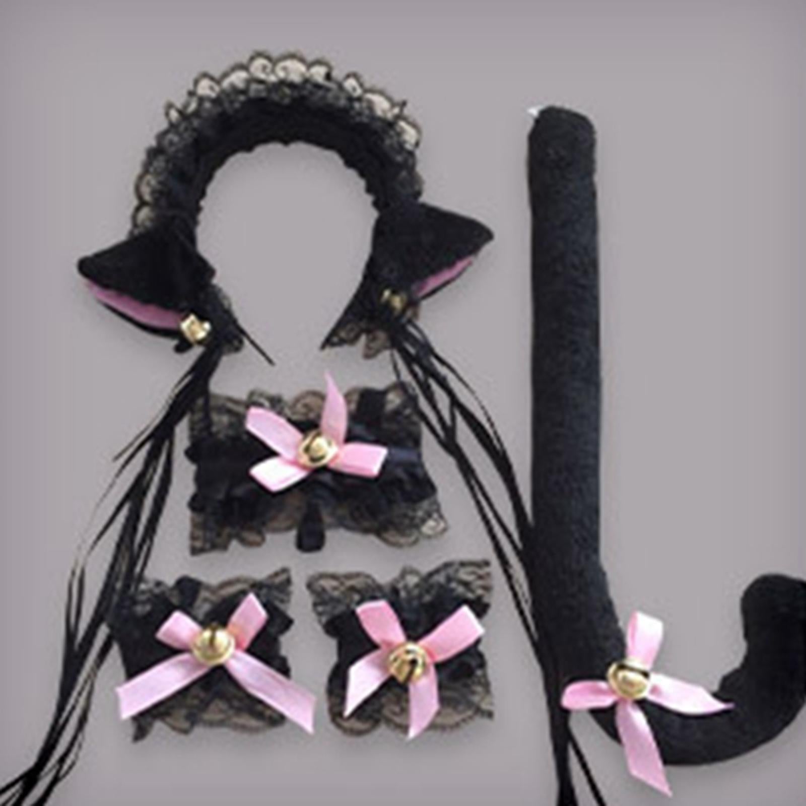 2 Pieces Dog Ears and Tail Set Lolita Cosplay Costume Accessories Black and White