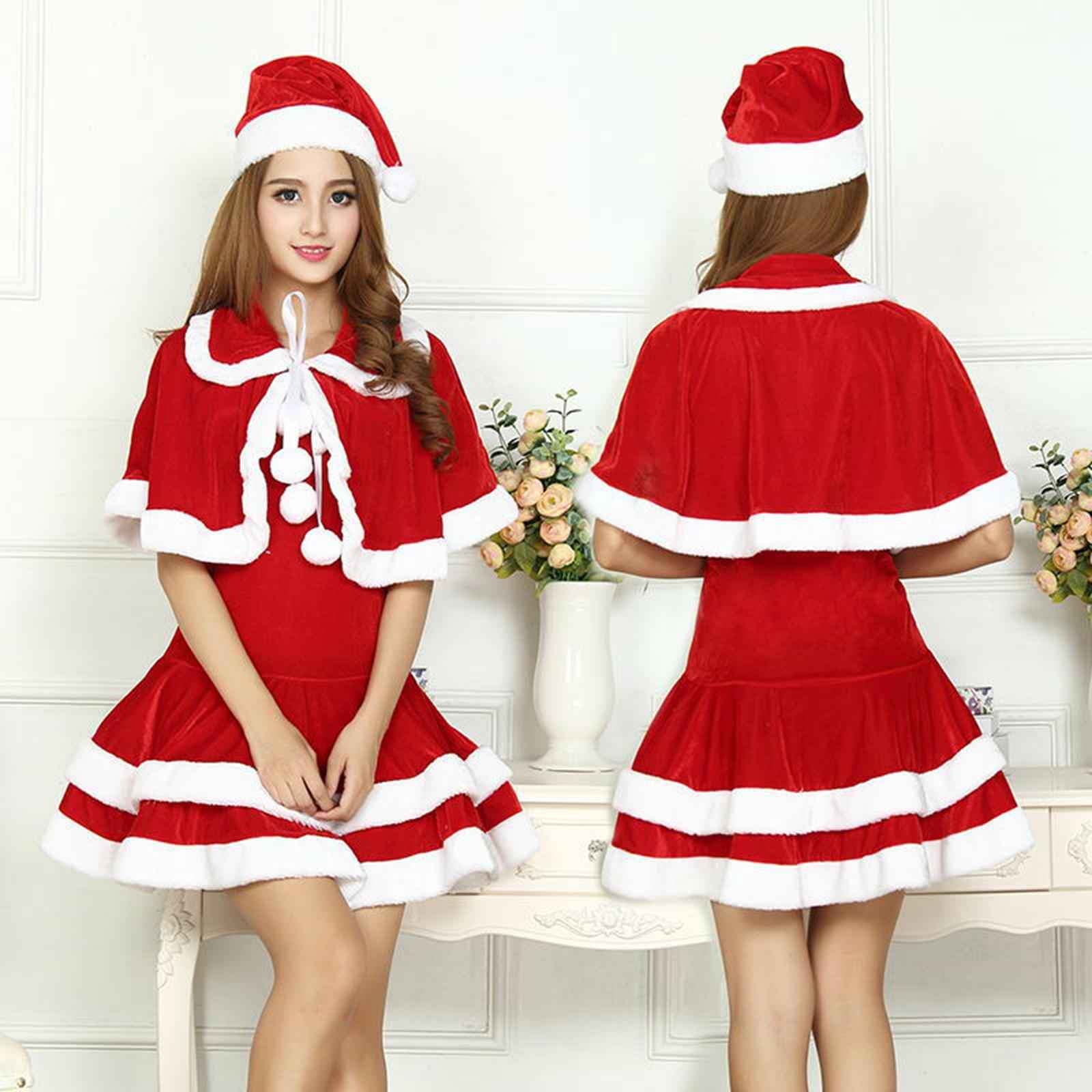 Women Santa Costume Cosplay Outfits Set Santa Hat Clothing Claus Dress M Sleeveless