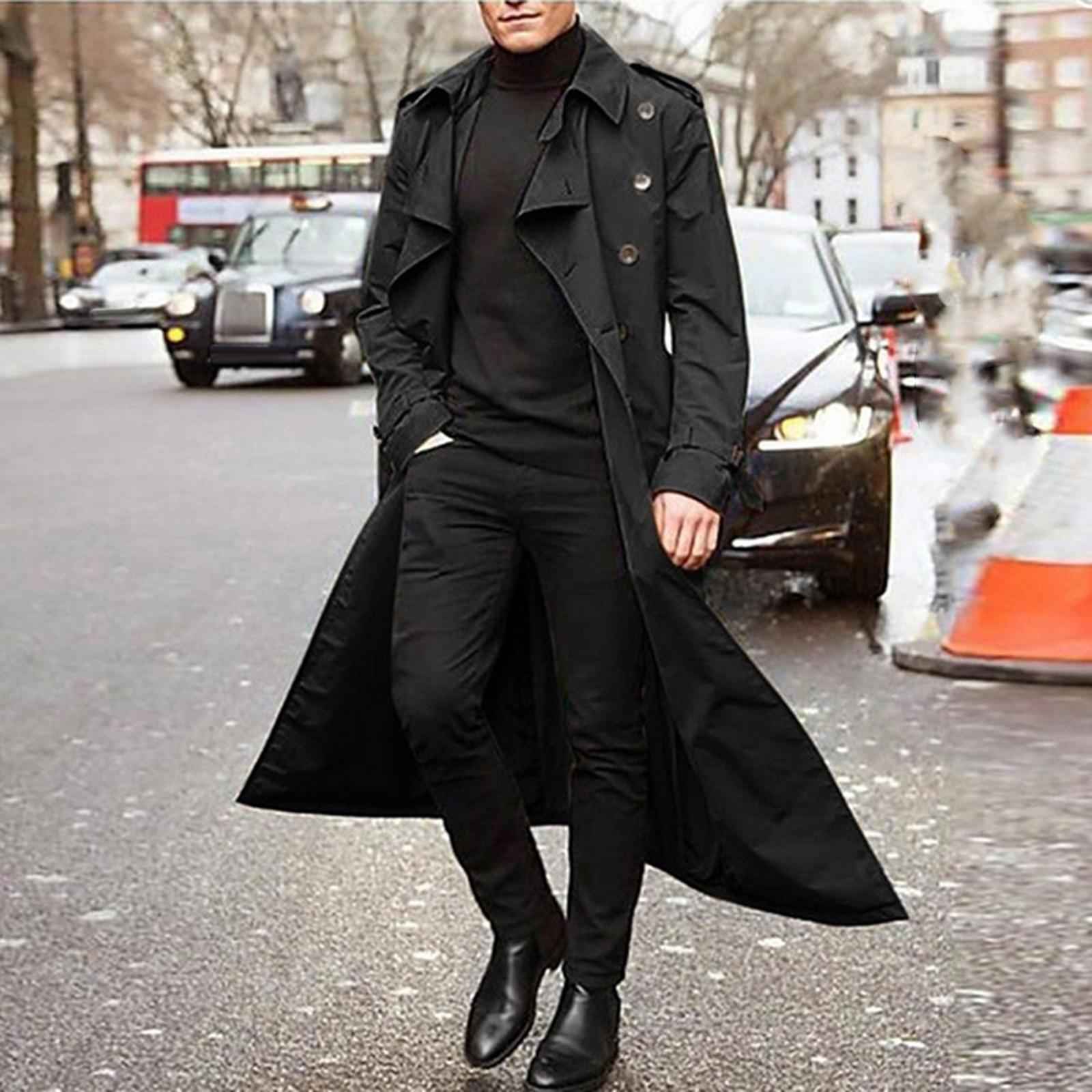 Windproof Men'trench Coat Warm Peacoat Soft for Vacation daily Wear Black S