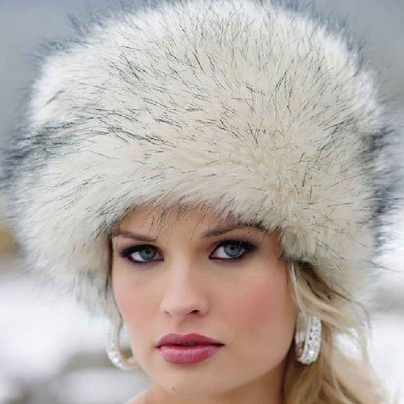 Winter Faux Fur Hat Headwear Motorcycle Windproof Cossack Russian Ski Cap White Black